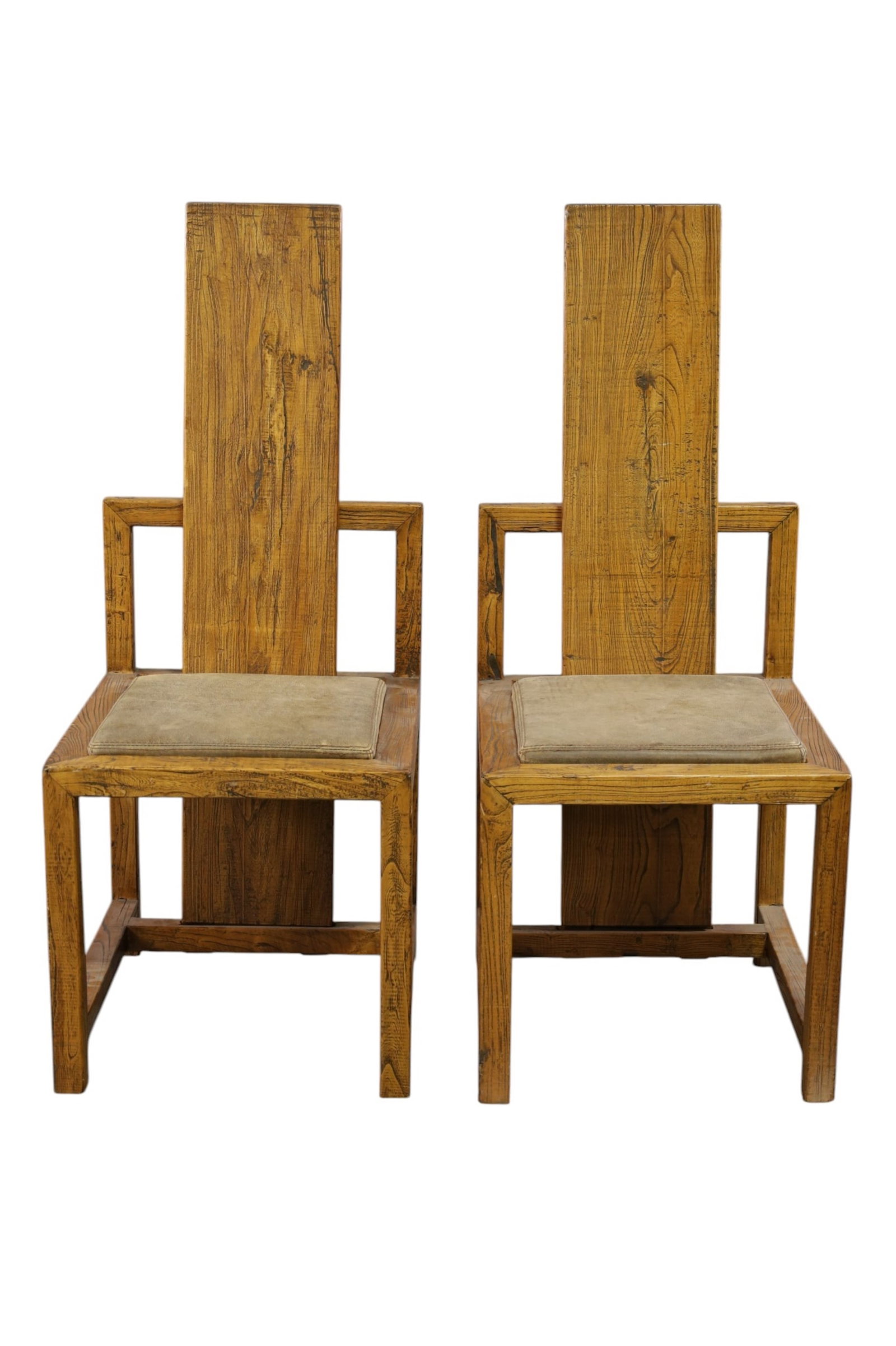 PAIR OF MCM CHAIRS: PAIR OF MCM DINING CHAIRS, TALL BACK OAK. WEAR TO FINISH. 18" W x 20" D x 43" H. THIS ITEM EXCEEDS SIZE, WEIGHT, AND OR FRAGILITY LIMITATIONS FOR IN HOUSE SHIPPING, MUST BE PICKED UP IN HOUSE OR