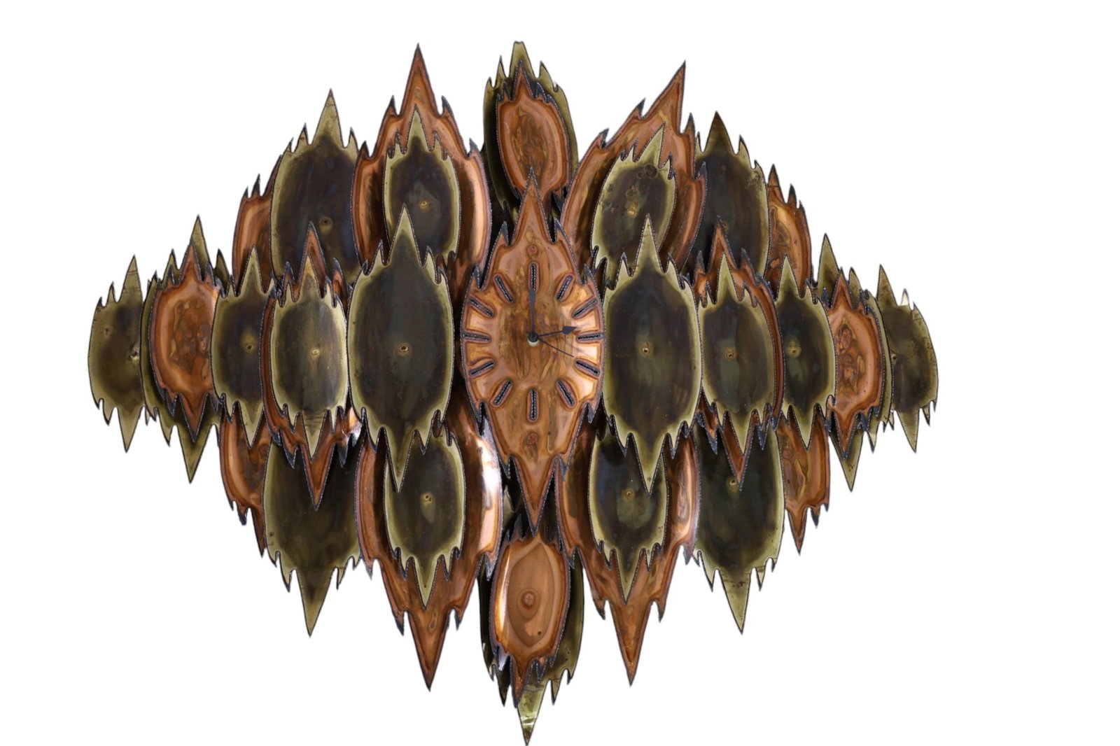 TORCH CUT WALL CLOCK: BATTERY OP, BRUTALIST TORCH CUT WALL CLOCK. 39" x 33" THIS ITEM EXCEEDS SIZE, WEIGHT, AND OR FRAGILITY LIMITATIONS FOR IN HOUSE SHIPPING, MUST BE PICKED UP IN HOUSE OR SHIPPED VIA 3rd PARTY GROUND