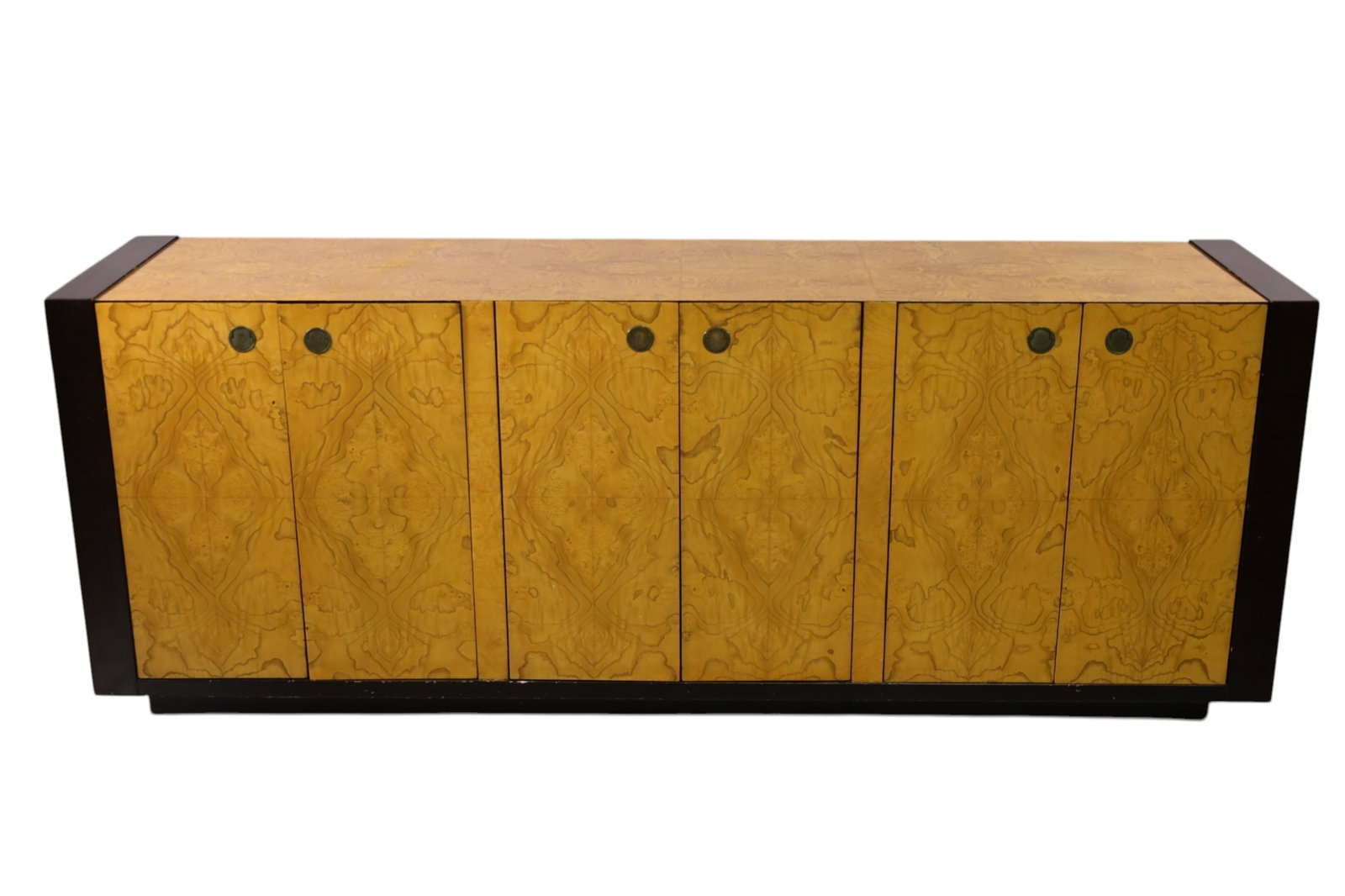 CENTURY 4 DOOR BURLED CREDENZA: FOUR DOOR BURLED CREDENZA WITH INTERIOR FITTED DRAWERS TO ONE SIDE. SCRATCHES. 76" W x 18 D x 29 1/2" H. THIS ITEM EXCEEDS SIZE, WEIGHT, AND OR FRAGILITY LIMITATIONS FOR IN HOUSE SHIPPING, MUST BE