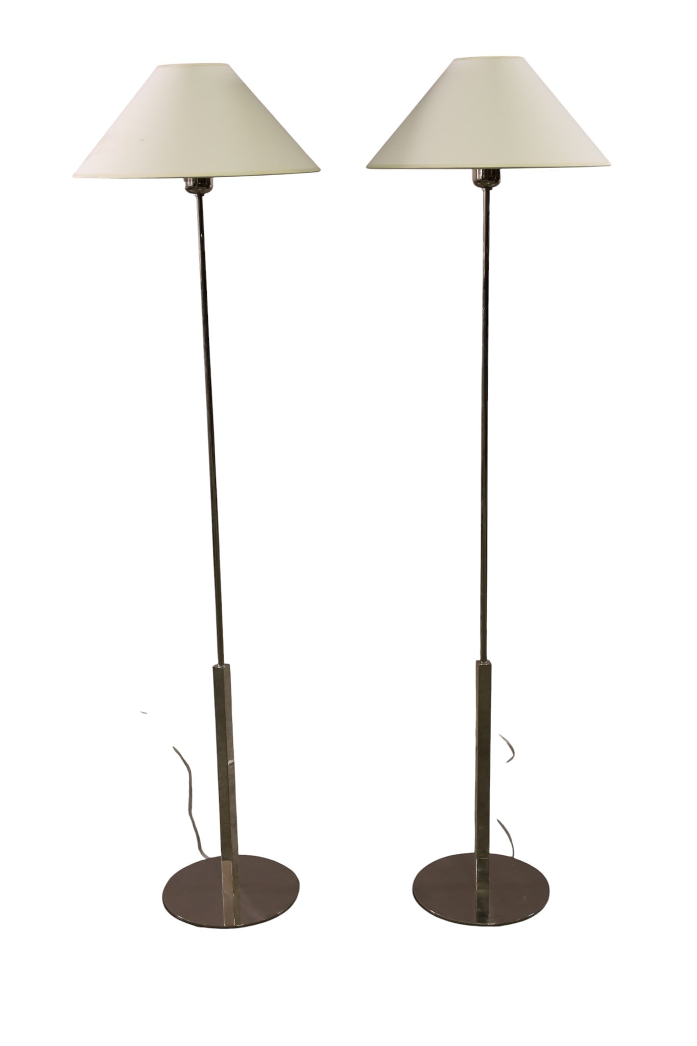 PAIR OF CONTEMPORARY FLOOR LAMPS: PAIR OF CONTEMPORARY CHROME TABLE LAMPS, SHADES NEED CLEANED. 54" H. THIS ITEM EXCEEDS SIZE, WEIGHT, AND OR FRAGILITY LIMITATIONS FOR IN HOUSE SHIPPING, MUST BE PICKED UP IN HOUSE OR SHIPPED VIA 3rd