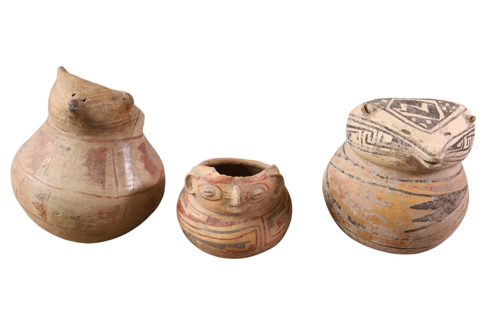 3 CASAS GRANDES EFFIGY POTS: 3 CASAS GRANDES POLYCHROME EFFIGY VESSELS, ALL HAVE CHIPS AND REPAIRS. 5" - 8" H.