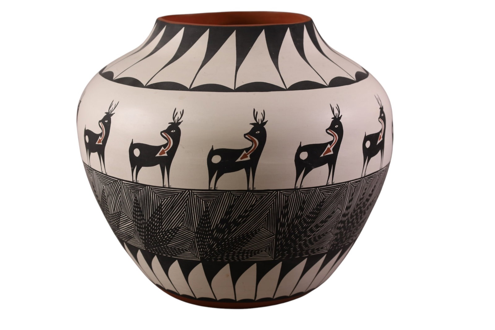 LARGE ACOMA POT: LARGE ACOMA PUEBLO, LOUIS AMOS "DEER" DESIGN, 10" H x 12" DIAM.