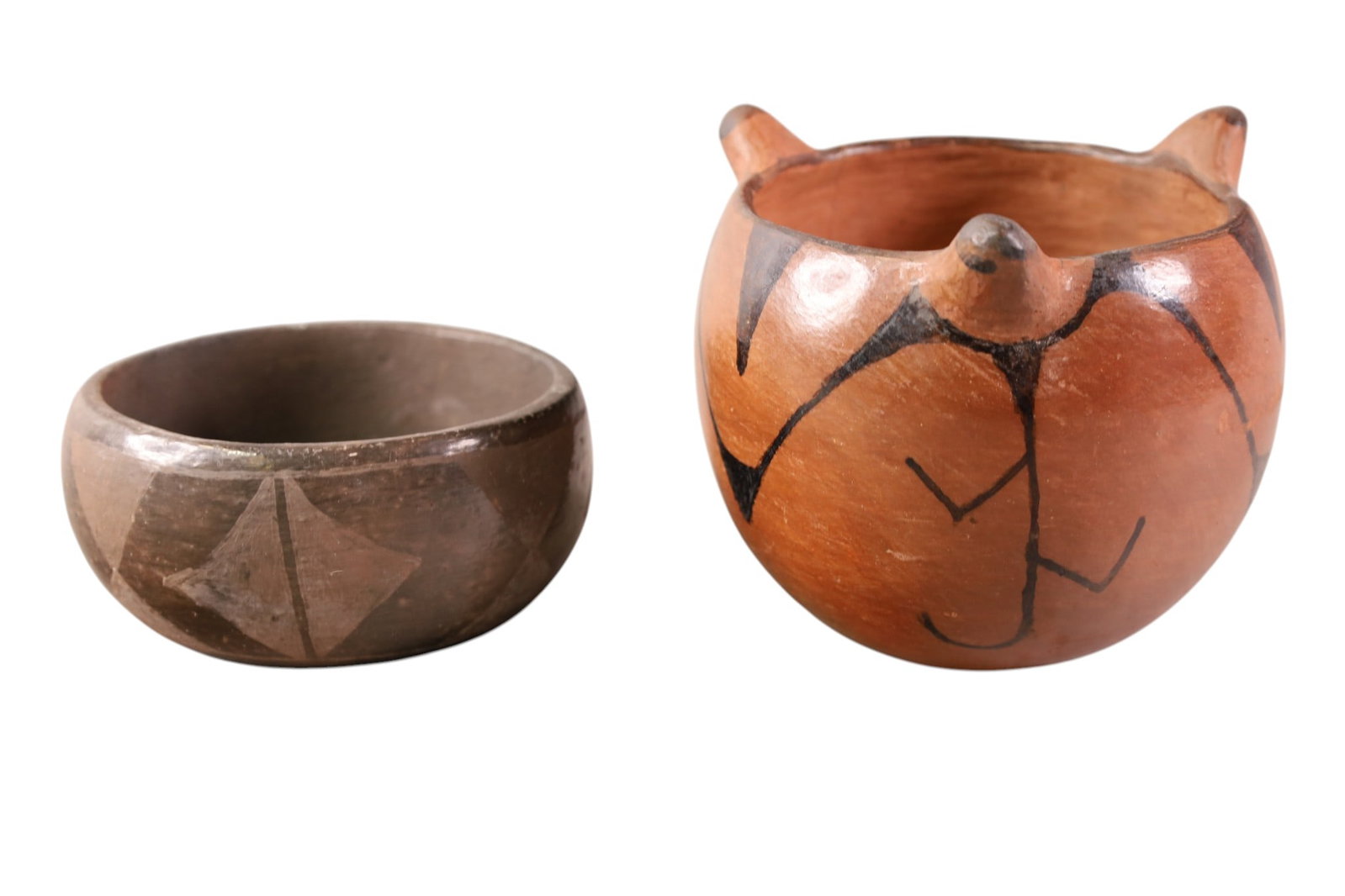 2 NATIVE AMERICAN POTS: PAPAGO RED GLAZED POT WITH CRACK, 4 1/2" H & BLACKWARE SANTA DOMINGO LOW BOWL, 5" DIAM.