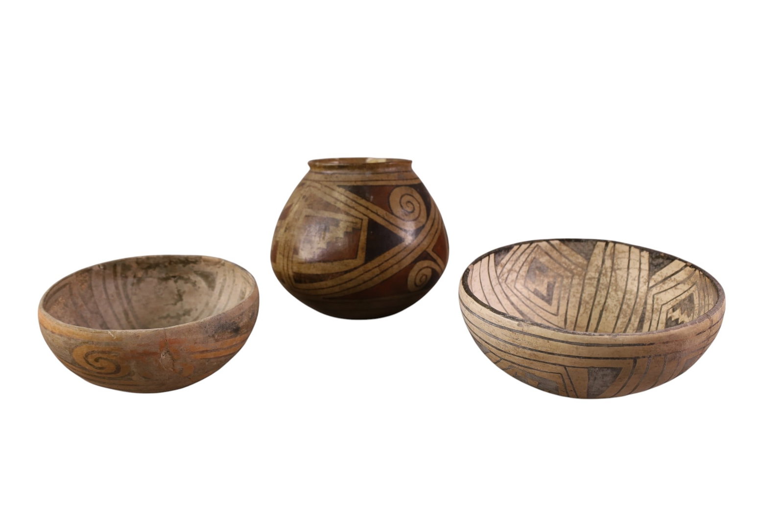 3 CASAS GRANDES POTS: POYCHROME VASE, REPAIRS, 6" H. & 2 BOWLS, 6" - 8" DIAM. & ALL CRACKED AND HAVE REPAIRS.
