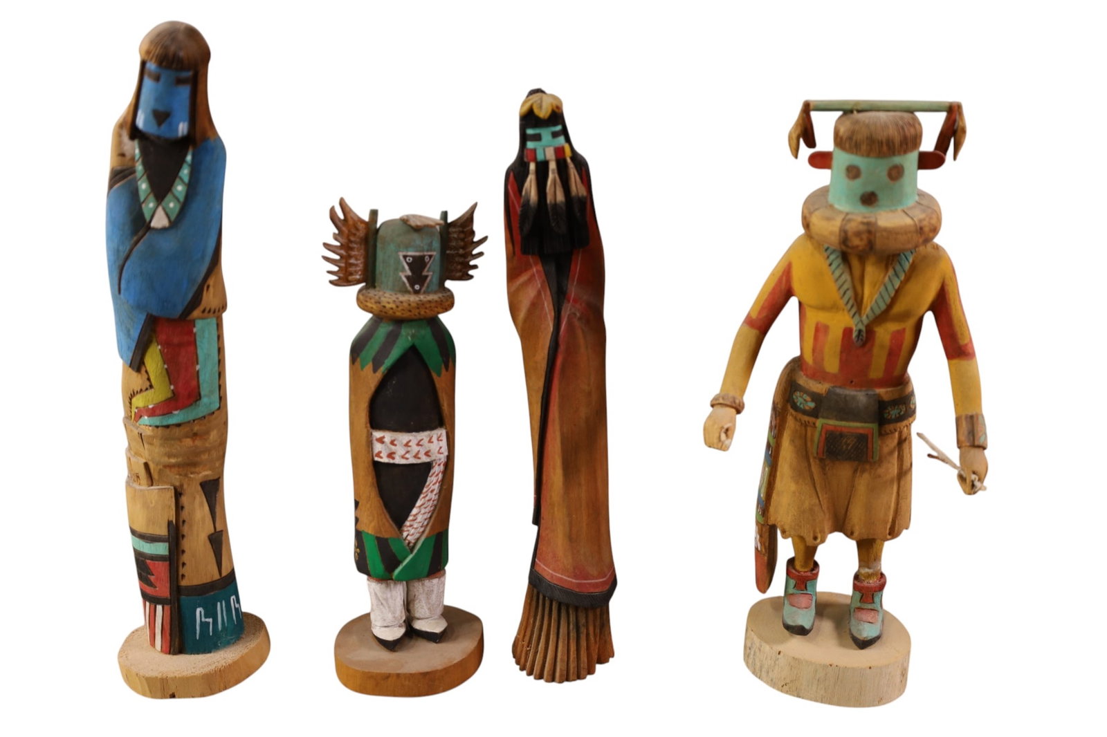 4 KACHINA DOLLS: 4 HOPI KACHINA DOLLS, WOODEN DOLLS. YAZIE. ALEX YANELLE. & MORE. BROKEN LEG TO ONE. 11" - 14" H.