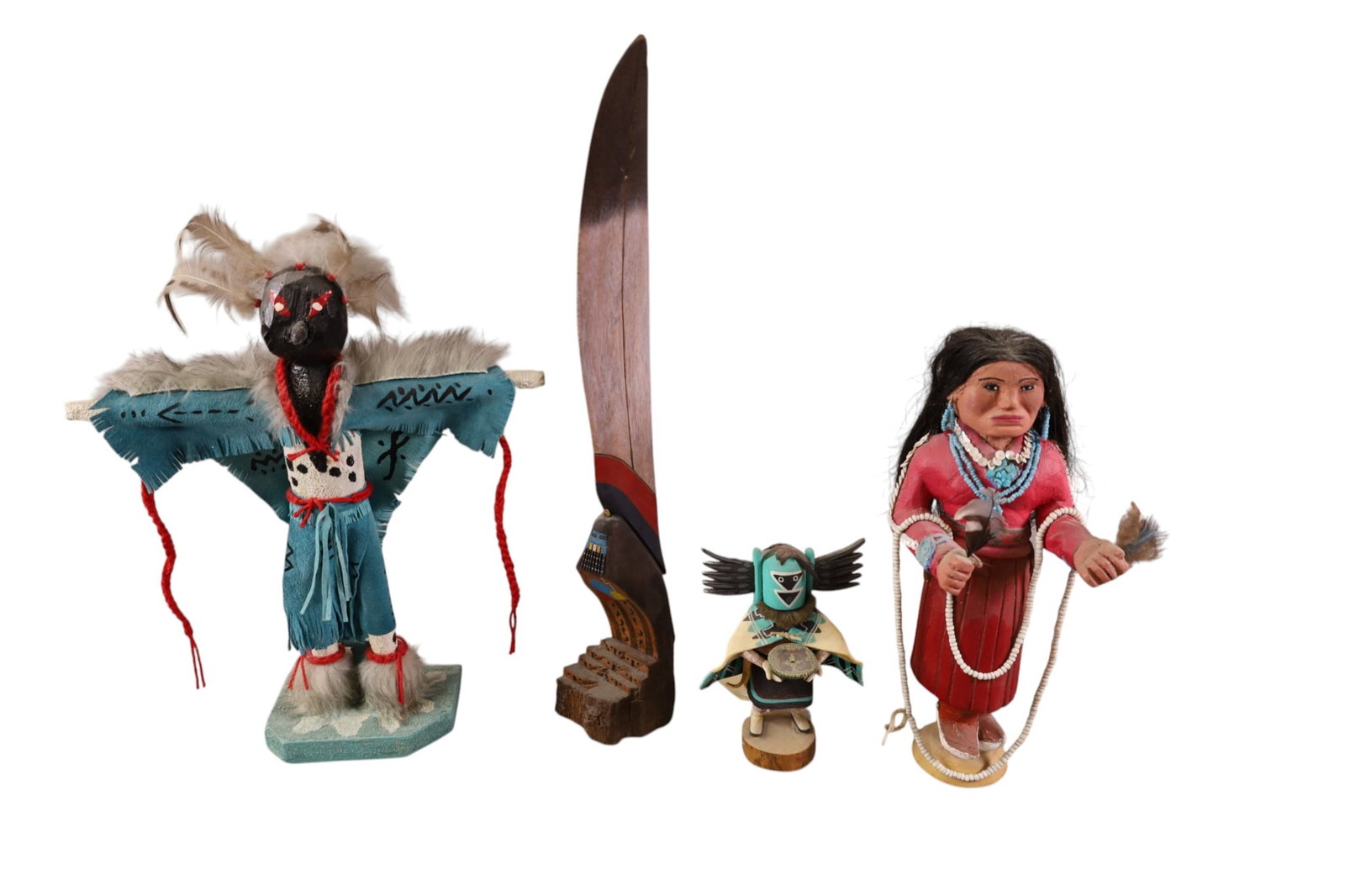 4 KACHINA DOLLS: SPIRIT FEATHER, BY TED FRANCIS, & THUNDERBIRD, & MORE. 6" - 16" H.