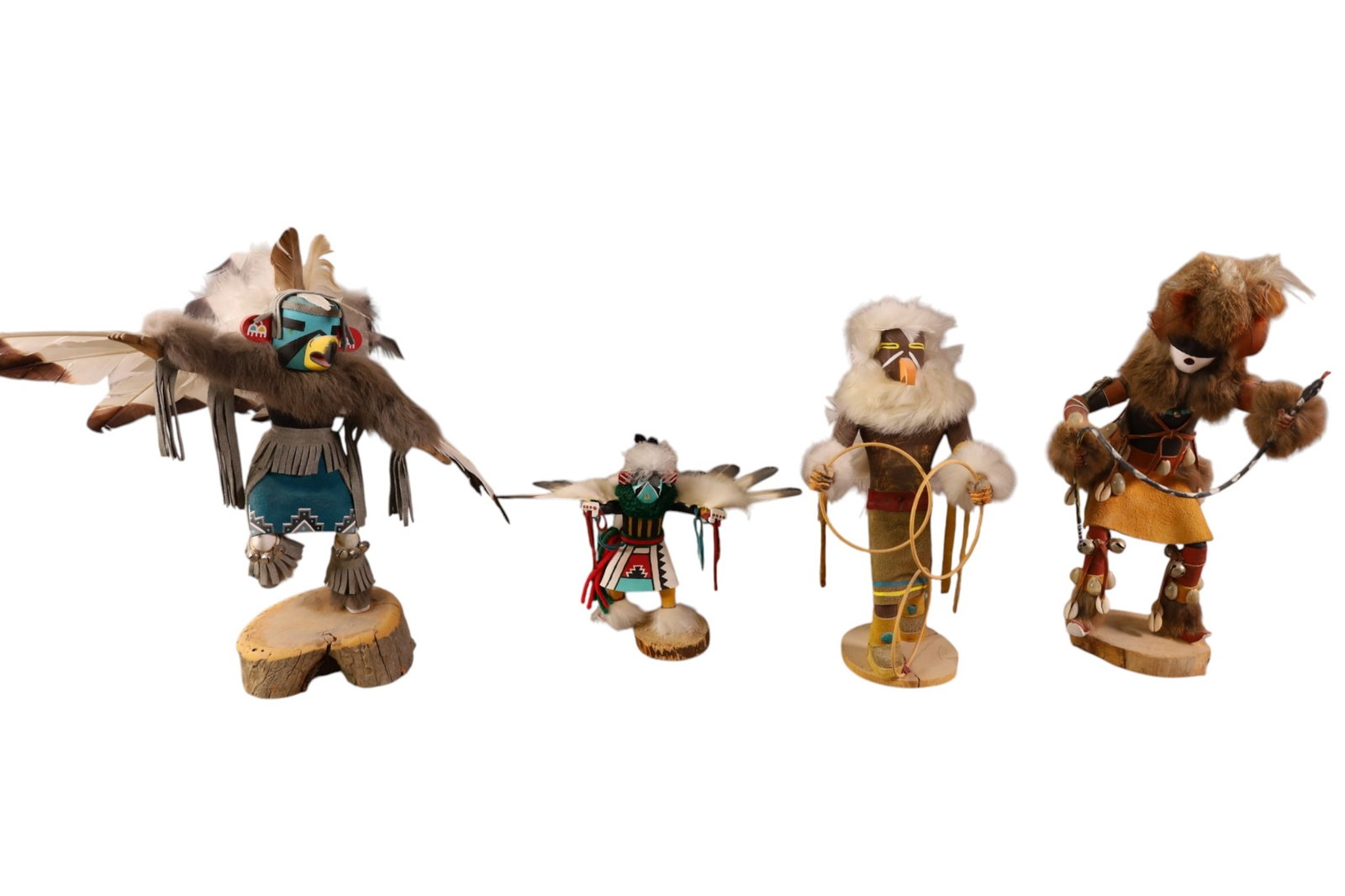 4 KACHINA DOLLS: 4 NATIVE AMERICAN NAVAJO KACHINA DOLLS. EAGLE DANCER BY CHAVEZ. & SNAKE DANCER, & HOOP BY VANDEVER, & MORE. 7" - 13" H.