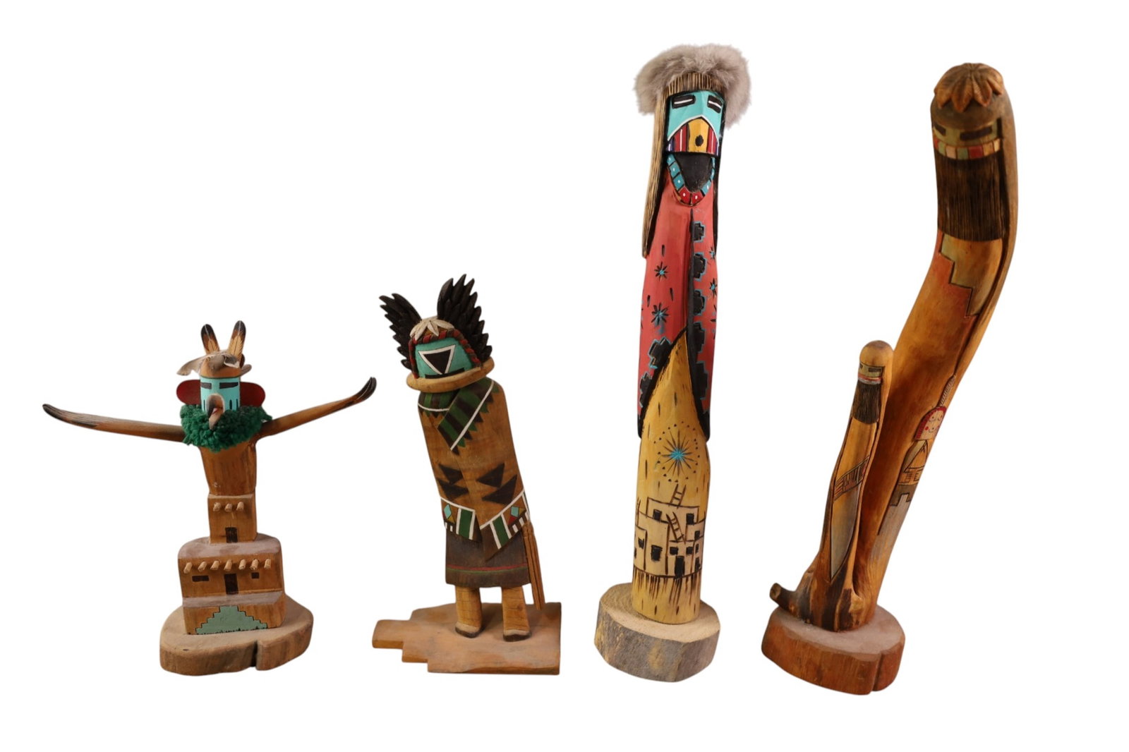 4 HOPI KACHINA DOLLS: NASAFOTIE EAGLE, & EARL NUMKENA, & LONG HAIR, & SHALAKO BY WOODMAN.