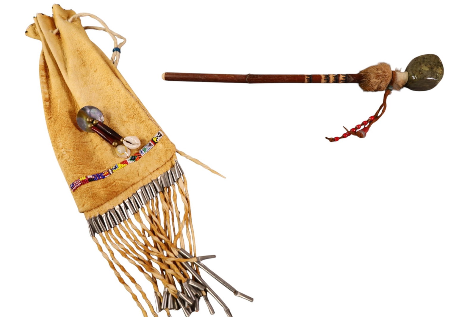 NATIVE AMERICAN PIPE & BAG: NATIVE AMERICAN PIPE & LEATHER BEADED BAG. 16" L.