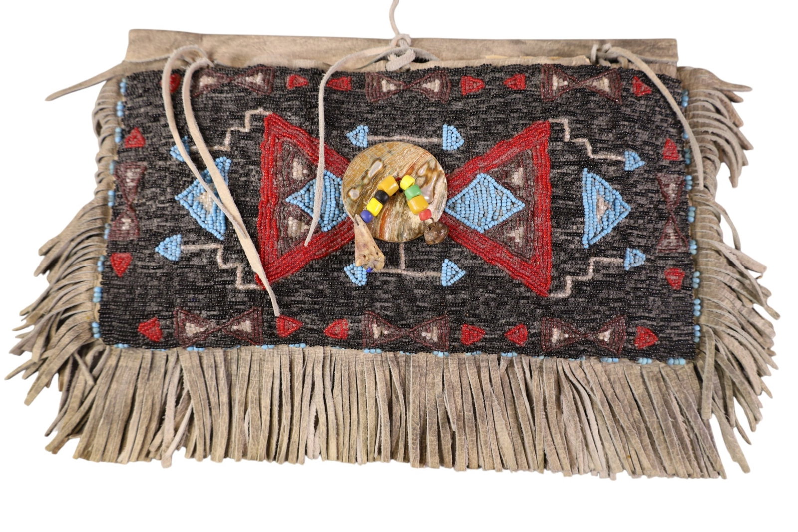 BEADED LEATHER POUCH: CHARLES & HAZEL FAST HORSE BEADED LEATHER POUCH. 14" W x 7"