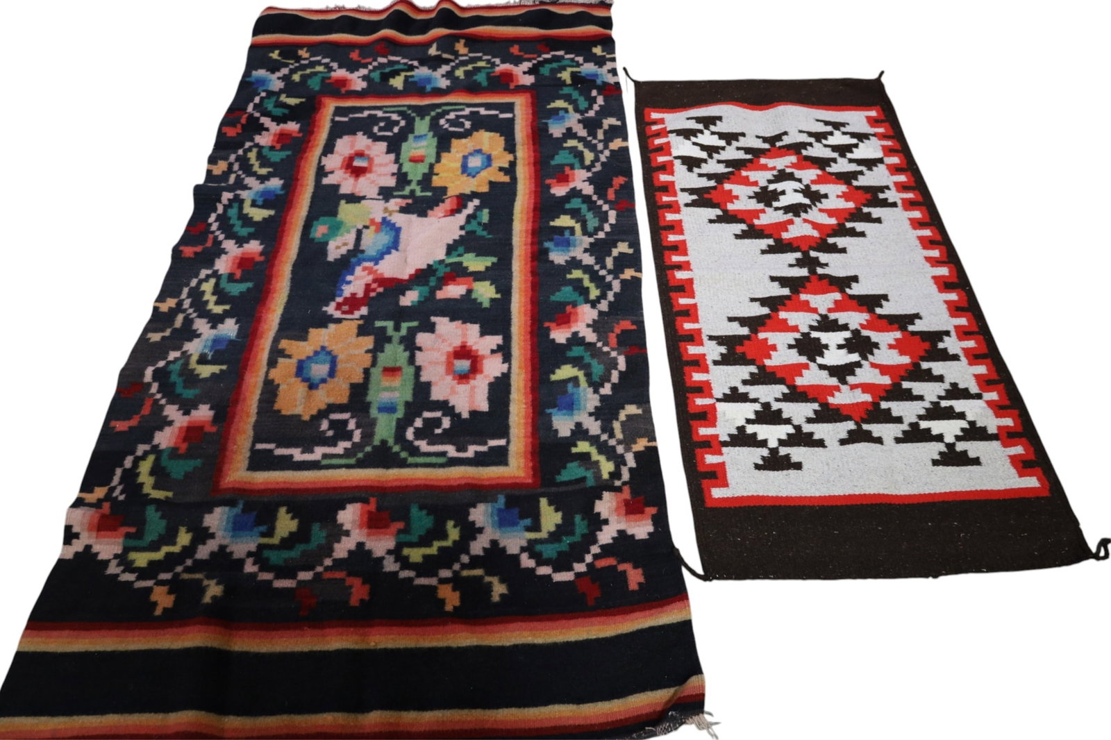 2 NATIVE AMERICAN STYLE TEXTILES: MEXICAN BLANKET WITH NATIVE AMERICAN PATTERN, HOLES AND WEAR. & NAVAJO PATTERN RUG. 57" x 29" & 80" x 44"