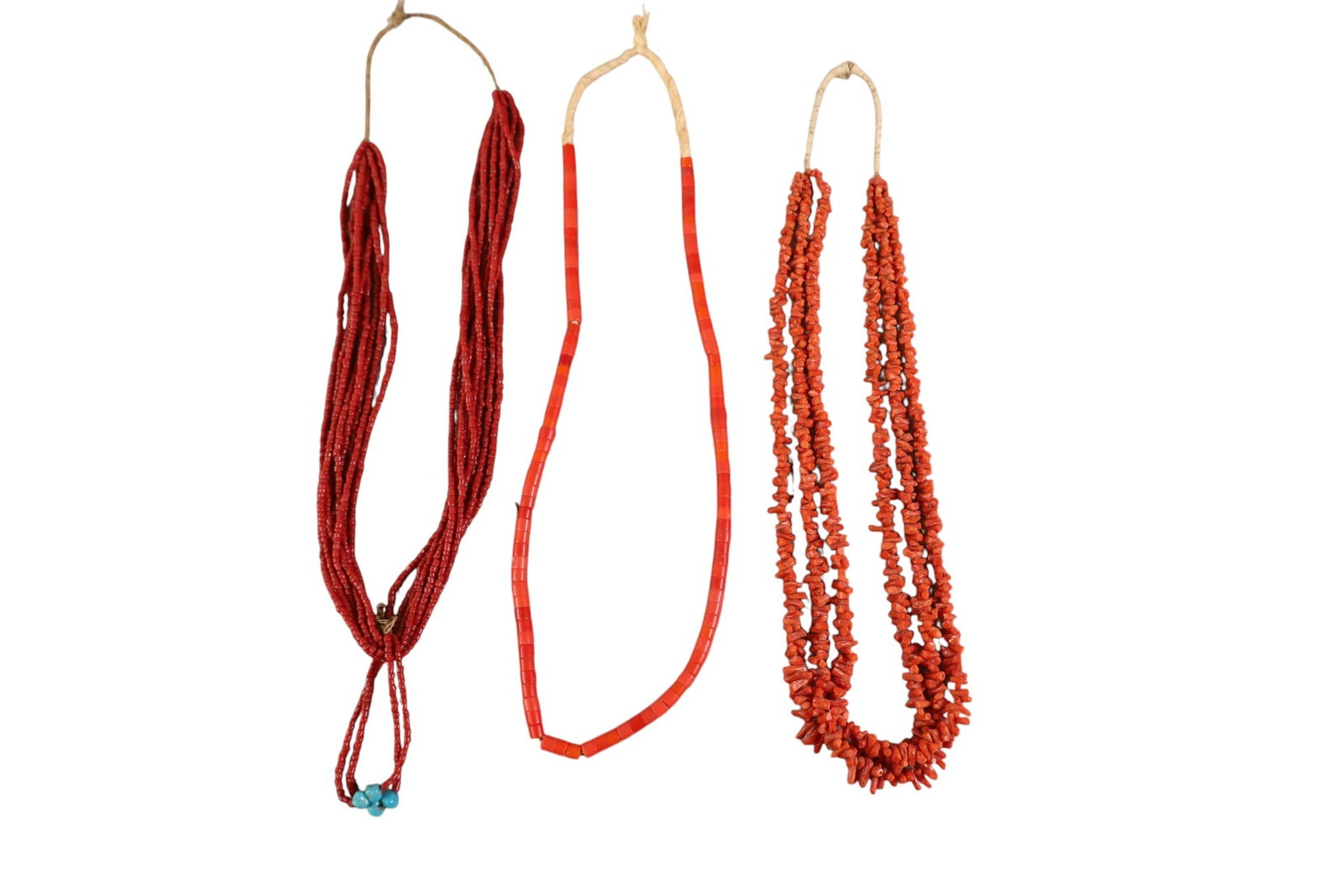 3 CORAL NECKLACES: 3 NATIVE AMERICAN CORAL NECKLACES. 12 & 13" L.