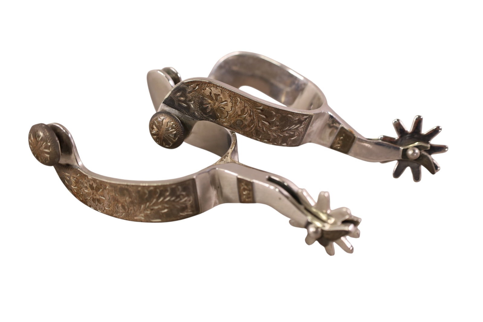 PAIR OF SPURS: MARKED CROCKETT. TOOLED SILVER. 3" W.