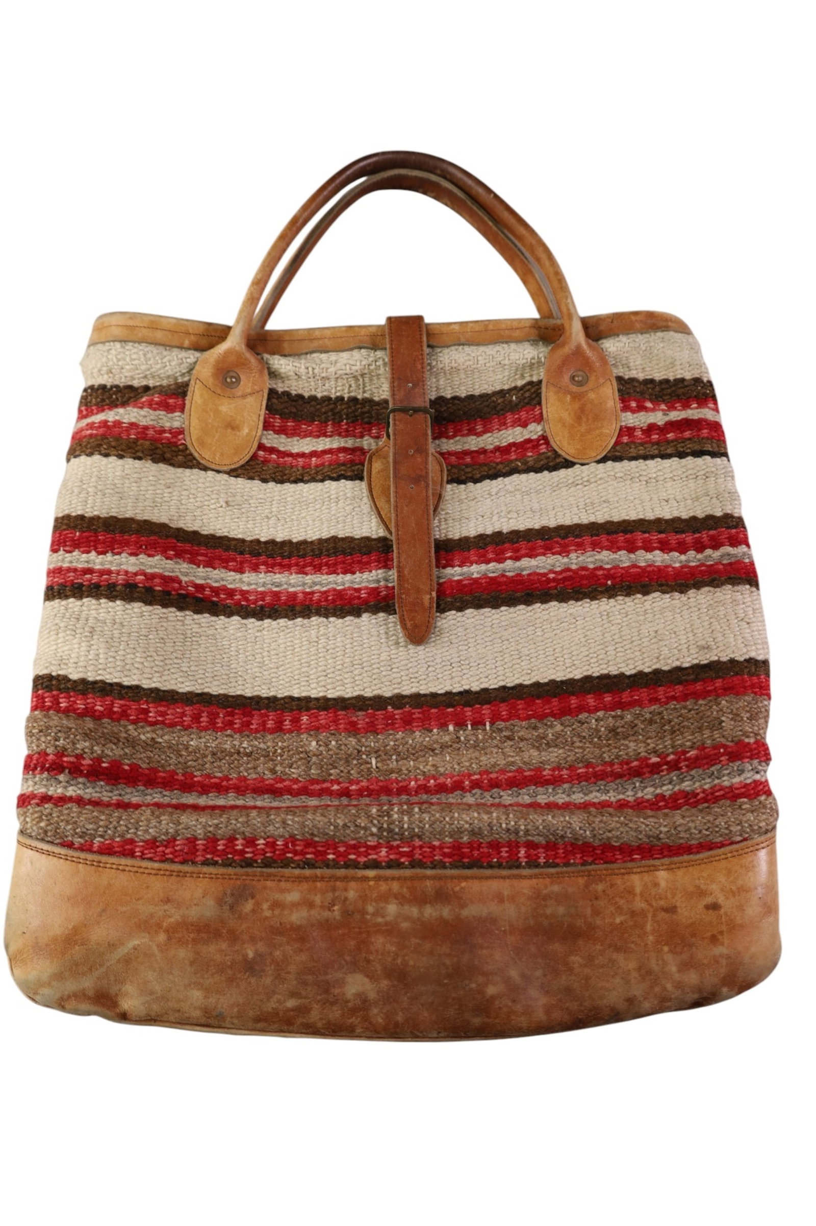 NAVAJO BAG: NAVAJO WEAVING AND LEATHER HANG BAG. 16" W x 17" H.