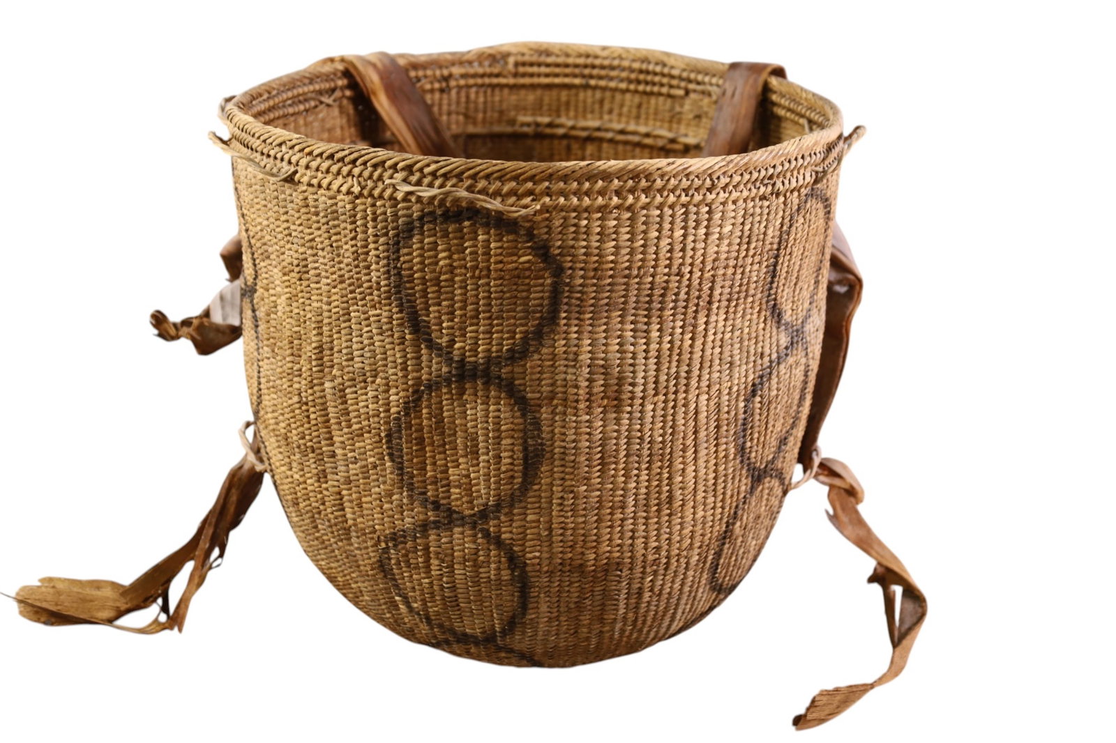 LARGE AFRICAN GATHERING BASKET: LEATHER STRAPPED AFRICAN GATHERING BASKET, YANOMAMI. 14" DIAM x 14" H.