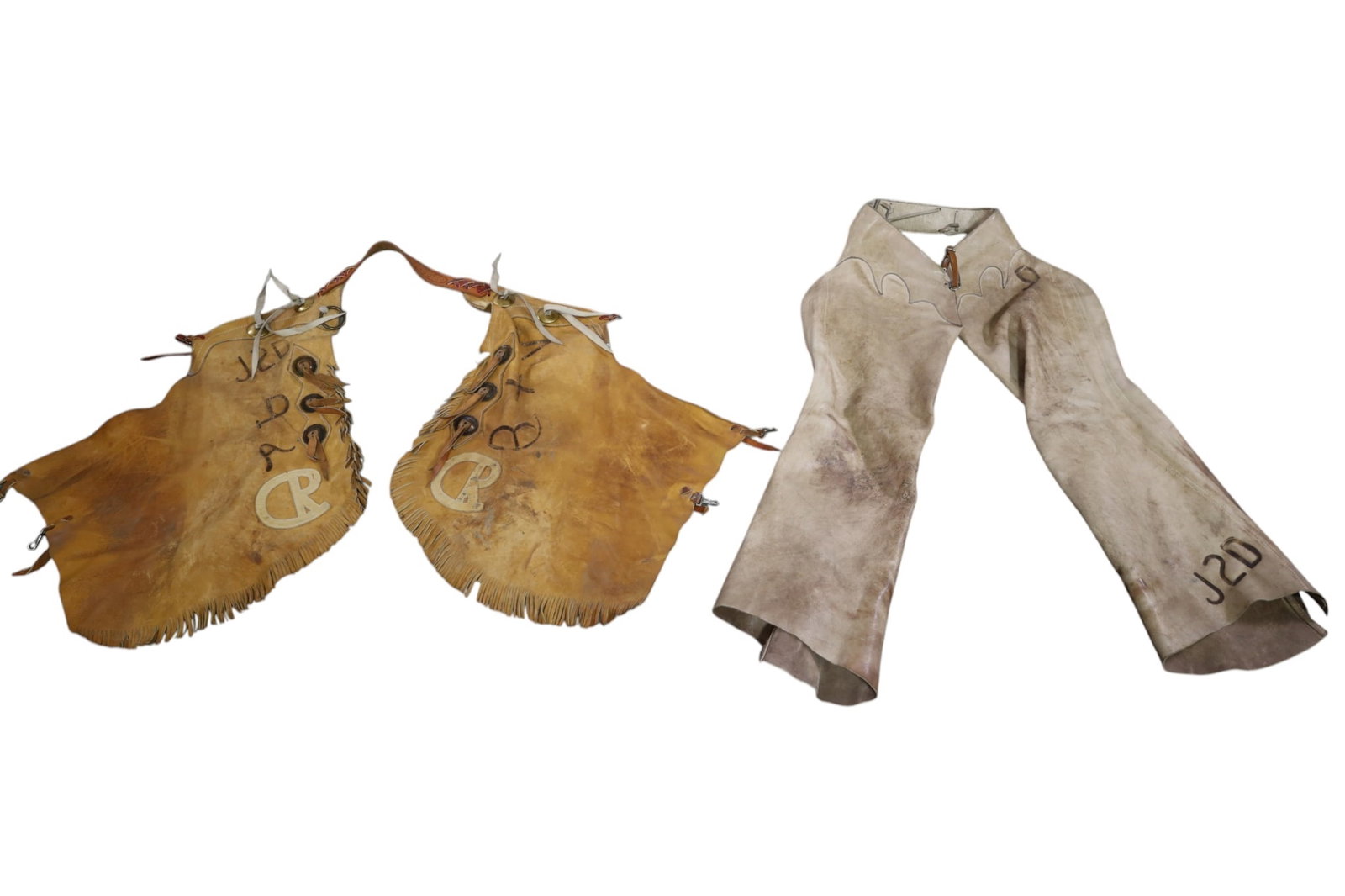 2 PAIRS OF CHAPS: 2 PAIRS OF LEATHER CHAPS. 39" L & 26" L.
