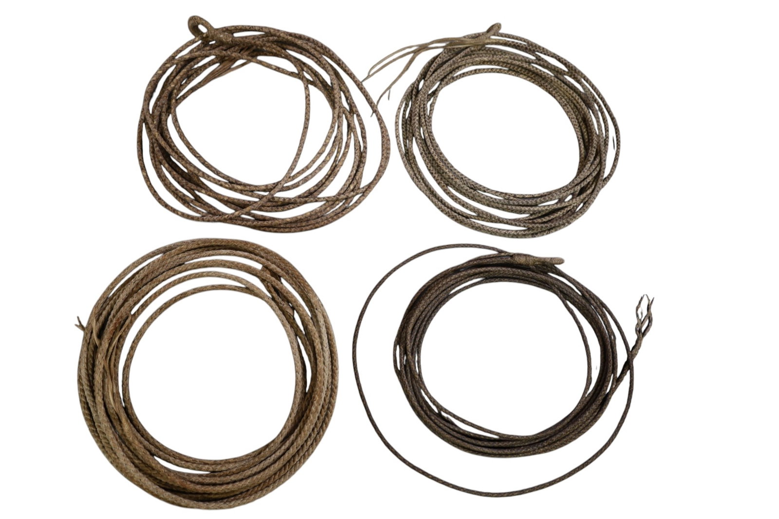 4 VINTAGE "COWBOY" ROPES: 4 VINTAGE ROPES, BRAIDED REATA ROPES.