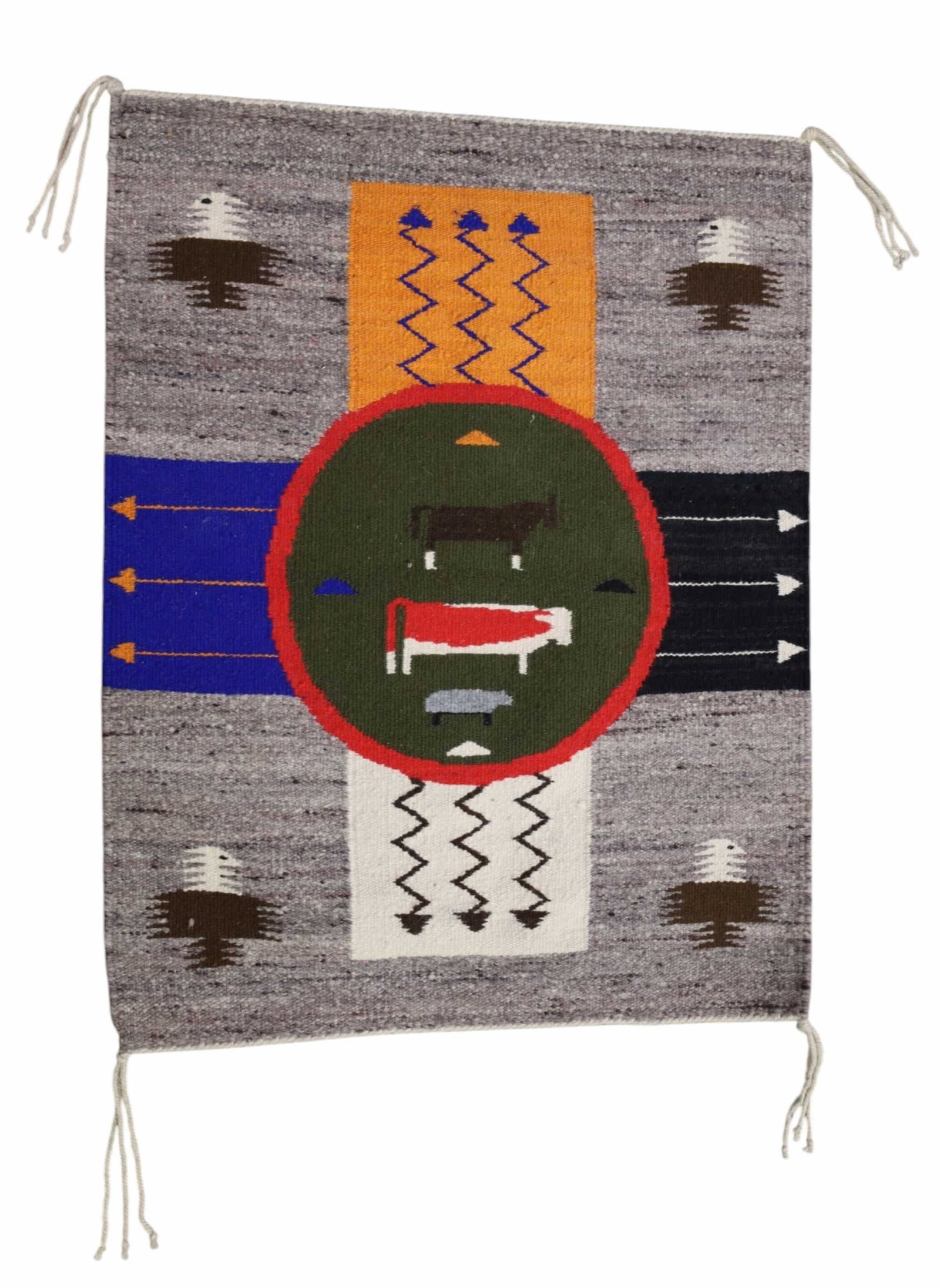 NAVAJO PICTORAL RUG: EAGLES AND LIVESTOCK MOTIF. 22" x 28"