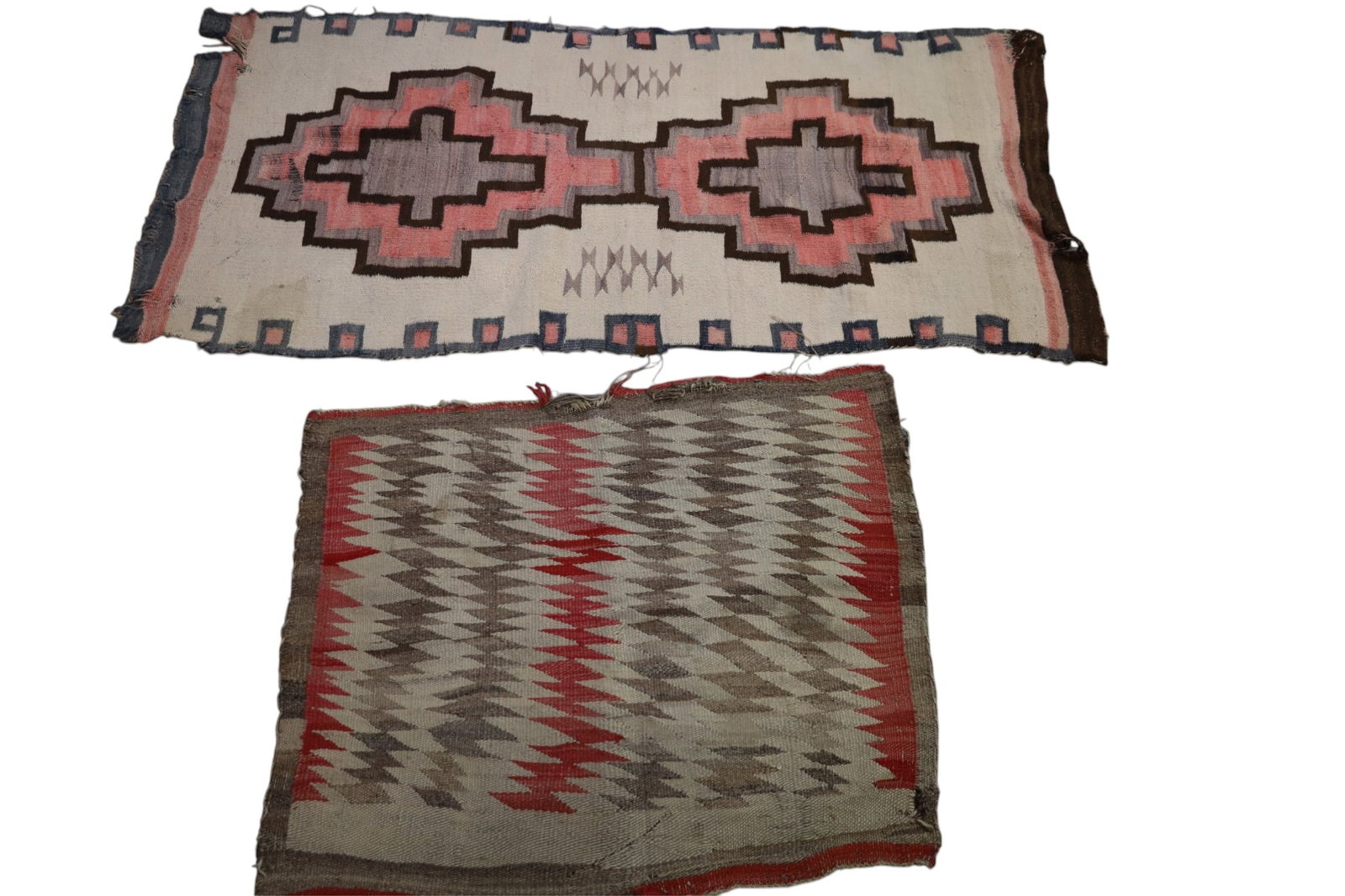 2 NAVAJO WEAVINGS: AS FOUND CONDITION, DAMAGE THROUGHOUT. 38" x 66" L