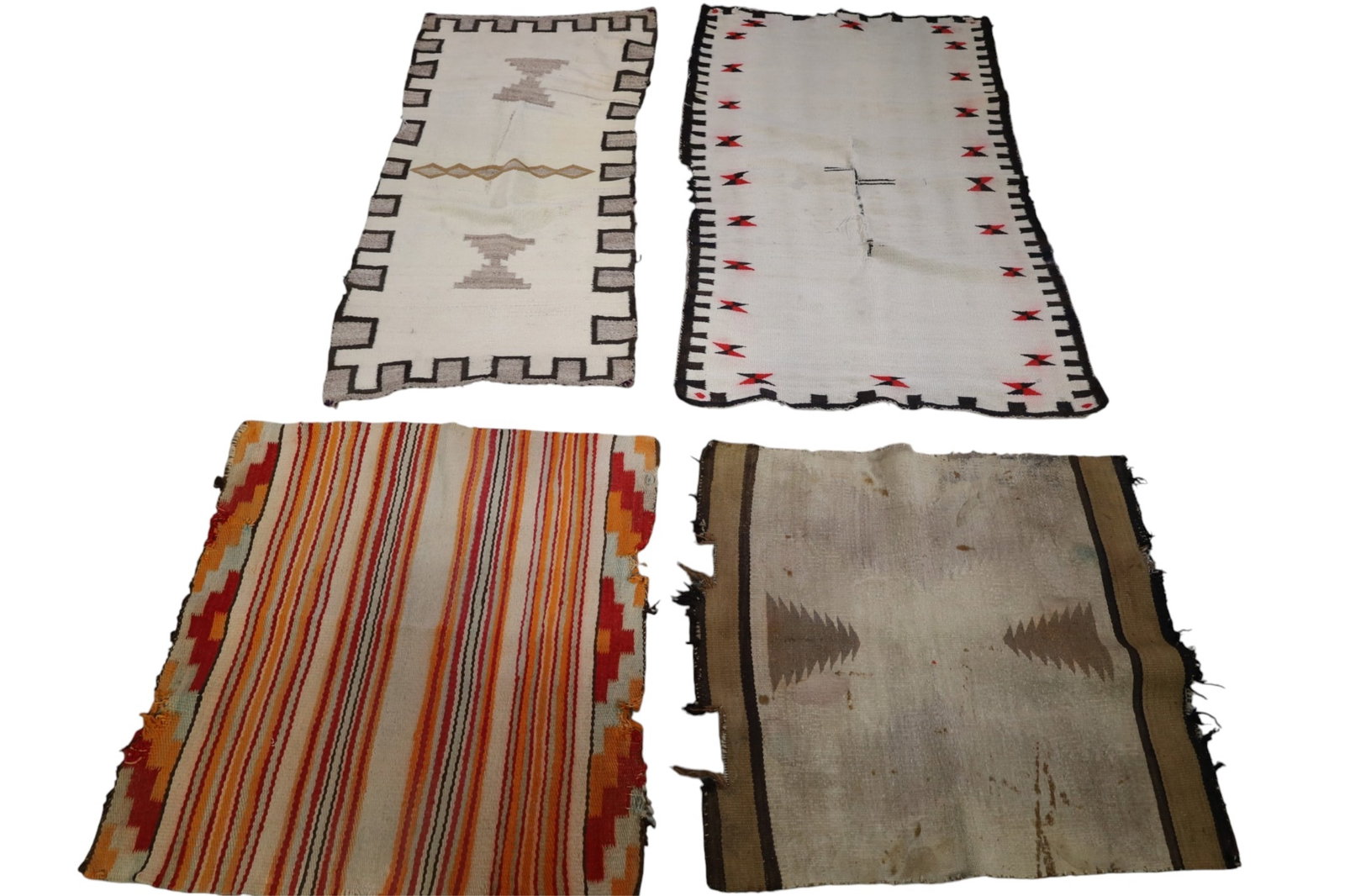 4 NAVAJO WEAVINGS: AS FOUND CONDITION, DAMAGE THROUGHOUT. TEARS, STAINS.