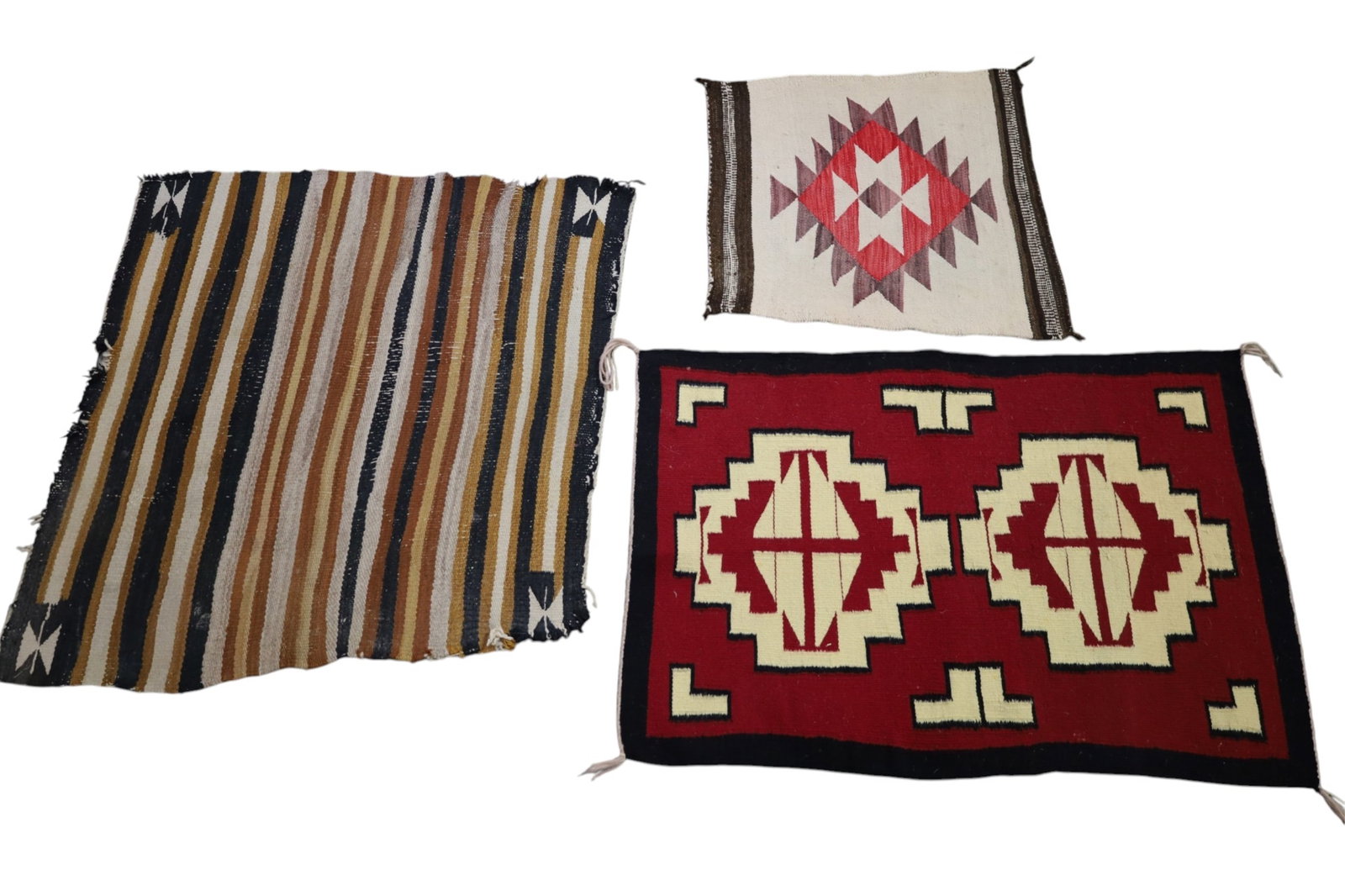 3 SMALL NAVAJO WEAVINGS: STAINS. 20" - 33" L.