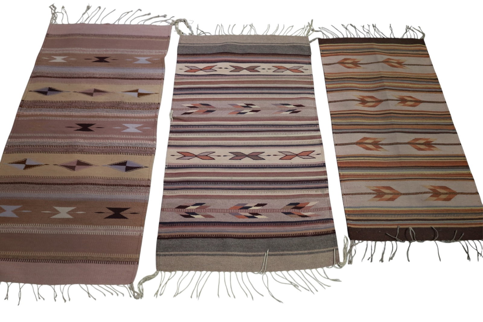 3 WEAVINGS: 3 NAVAJO STYLE WEAVINGS, STAINS. 47" - 58" L.