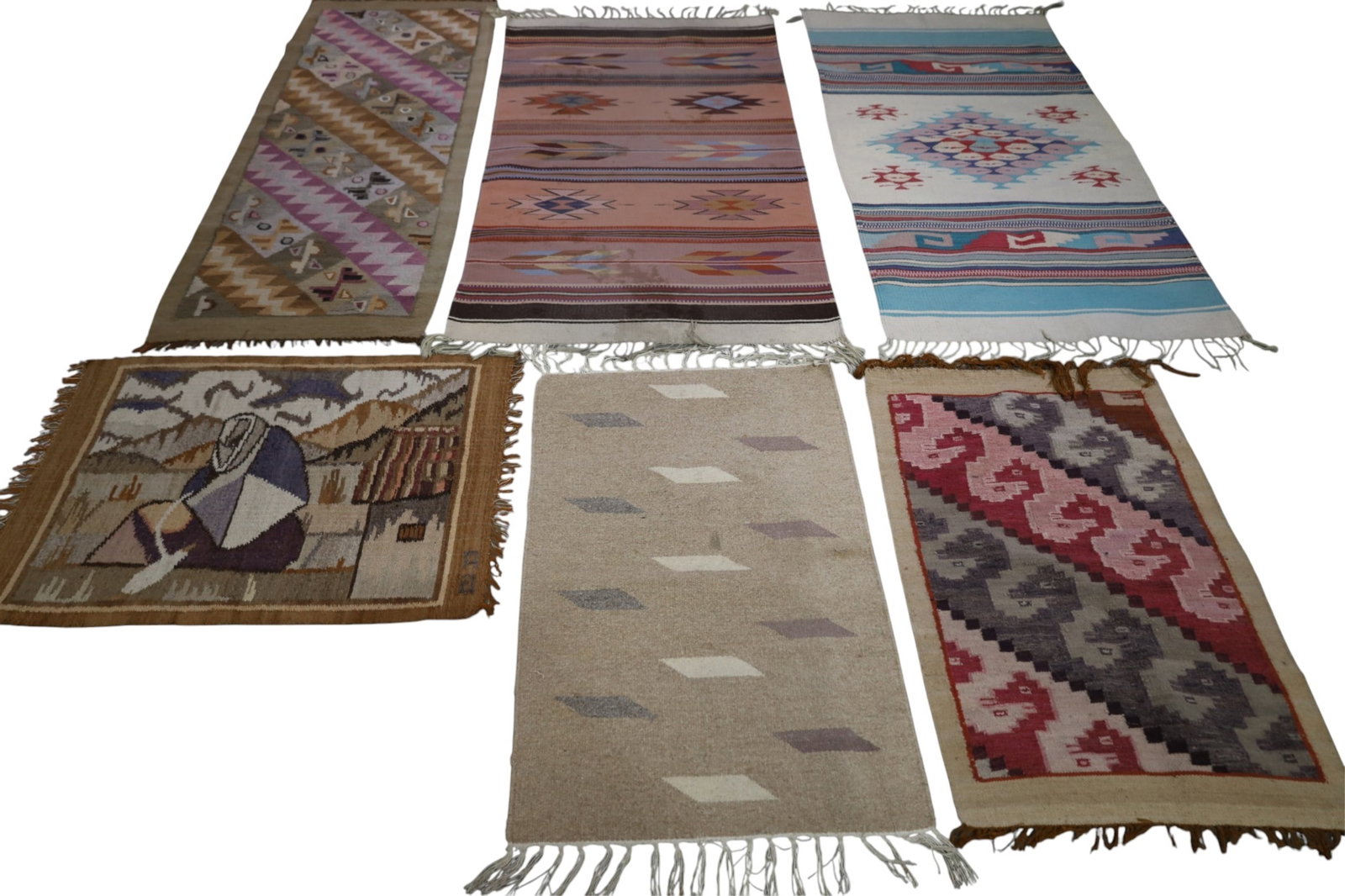 LARGE GROUPING OF WEAVINGS: NAVAJO STYLE WEAVINGS, STAINS. 32" - 61" L.