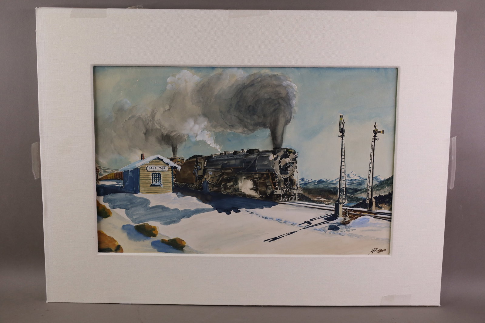 HOWARD FOGG WATERCOLOR: HOWARD FOGG TRAIN MOTIF WATERCOLOR, UNFRAMED. SIGNED. 19" x 12" IMAGE SIZE.