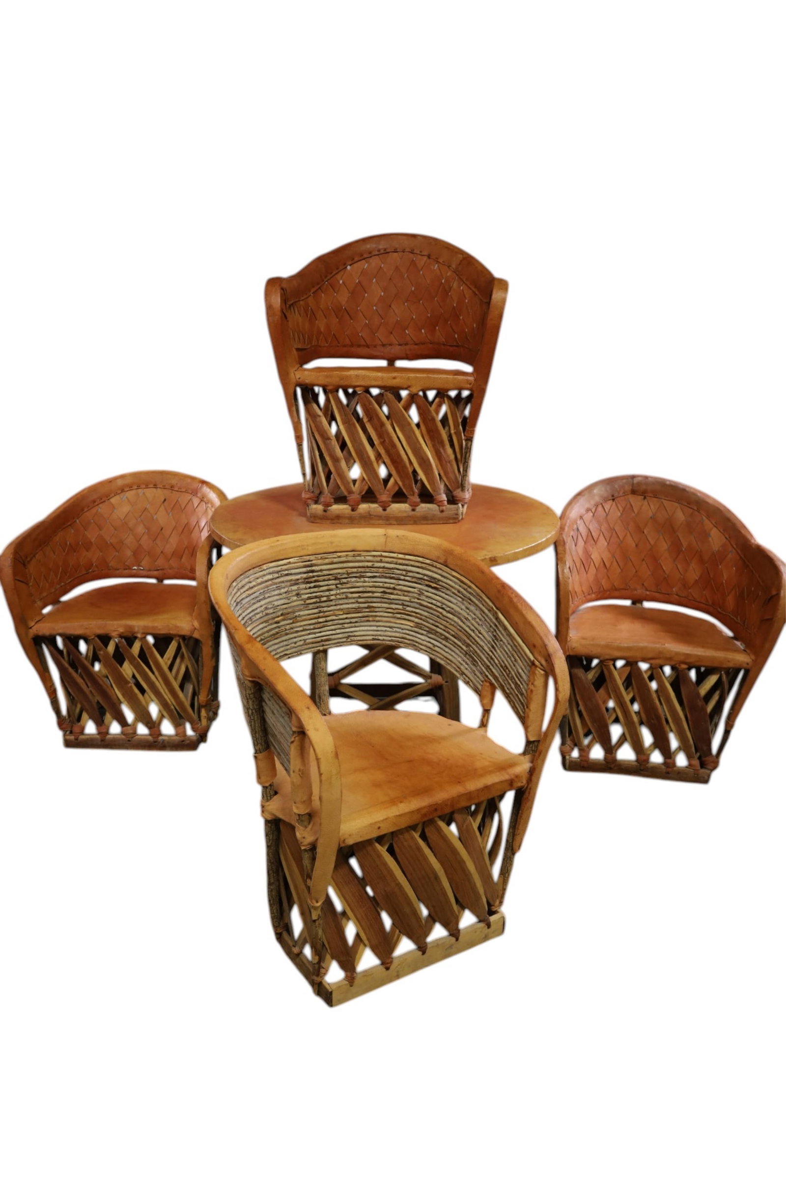 EQUIPALE TABLE & CHAIRS: ONE CHAIR DOES NOT MATCH!!! EQUIPALE ROUND TABLE AND 4 ARMCHAIRS, 39" DIAM x 28" H. TABLE & 24" W x 17" D x 32" H. CHAIRS. THIS ITEM EXCEEDS SIZE, WEIGHT, AND OR FRAGILITY LIMITATIONS FOR IN HOUSE
