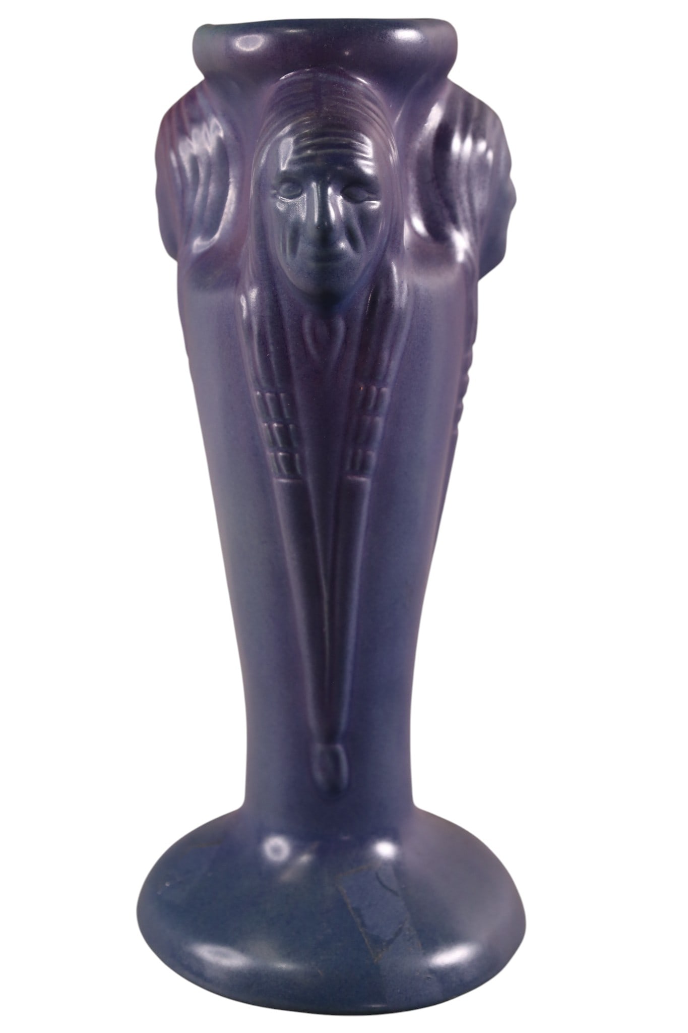 VAN BRIGGLE VASE: VAN BRIGGLE MING BLUE INDIAN HEAD VASE, ARTIST SIGNED, H.V.M. 12" H.