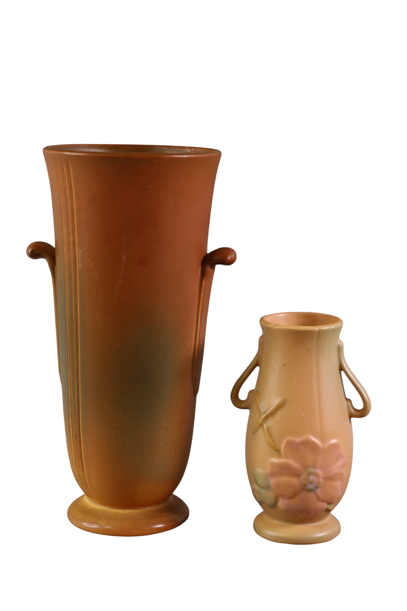 2 WELLER VASES: WELLER ART DECO TWO HANDLED VASE, & WILD ROSE VASE, SMALL BASE CHIP.