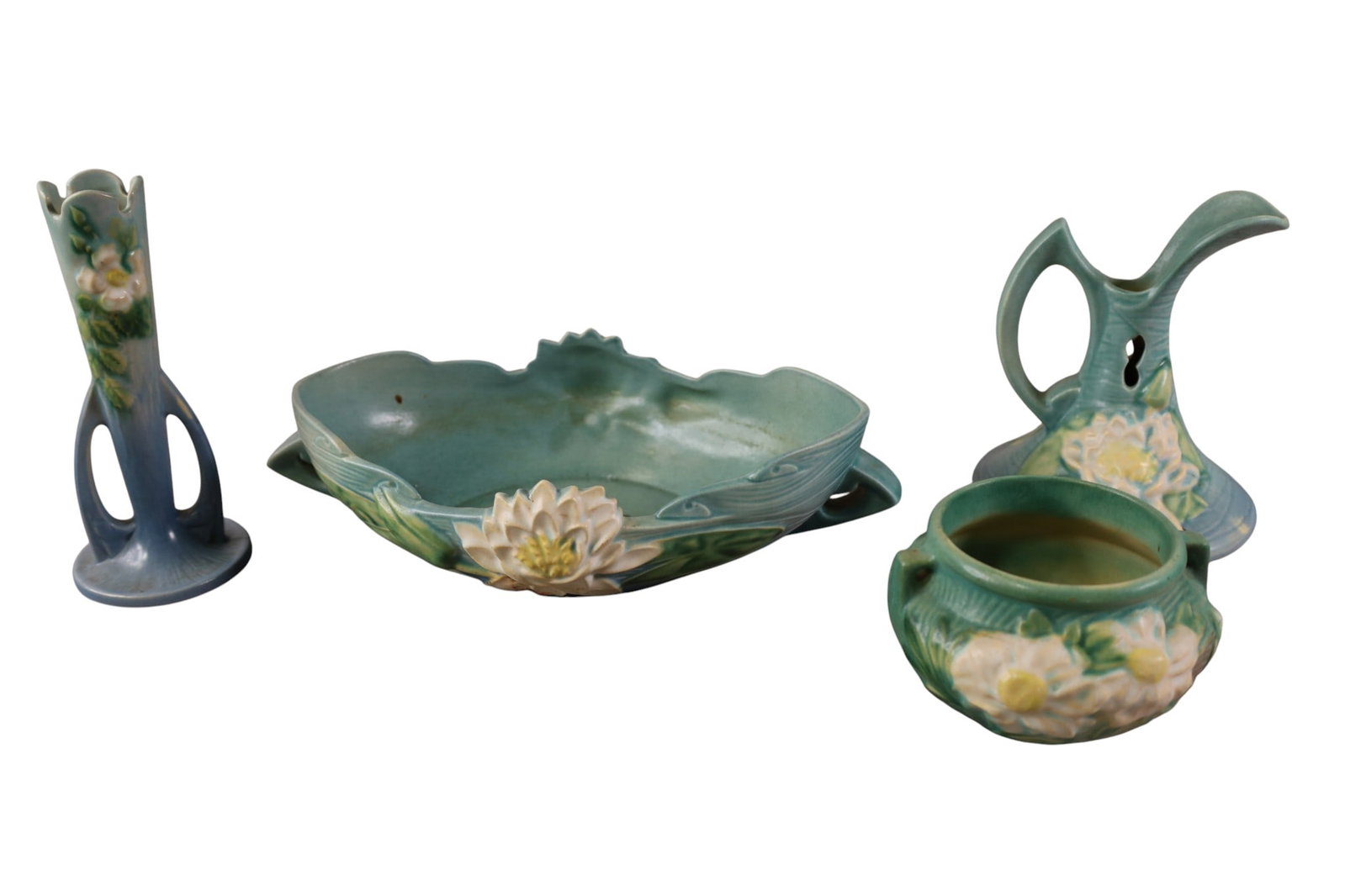 4 PCS OF ROSEVILLE POTTERY: WATER LILY, WHITE ROSE, AND MORE. 3" - 7" H.