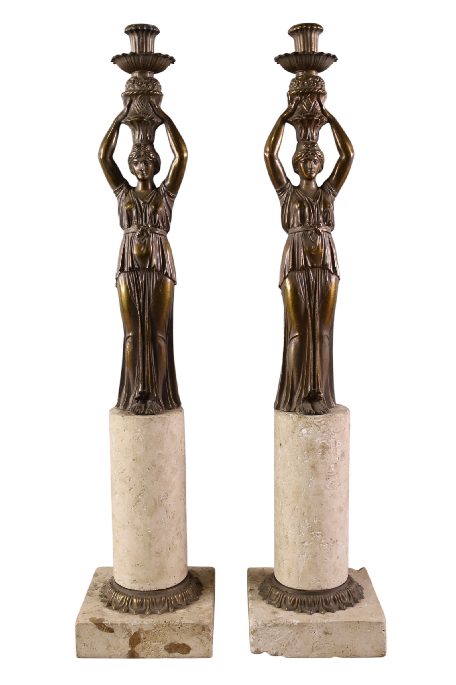 PAIR OF FIGURAL CANDLESTICKS: PAIR OF METAL CANDLESTICKS, STONE BASES. FIGURAL CANDLESTICKS. CHIPS TO BASE. 24" H.