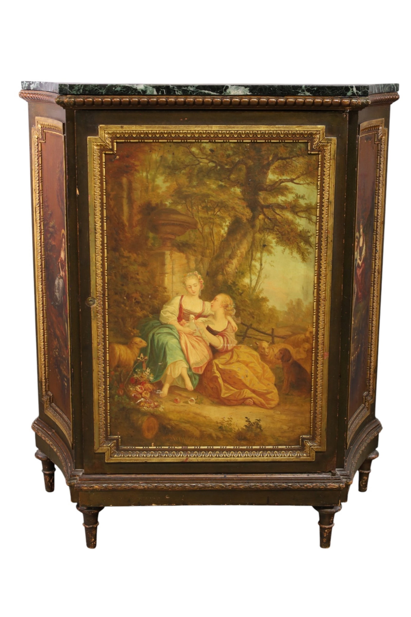 LOUIS XV STYLE CABINET: GREEN MARBLE TOP, SINGLE DOOR LOUIS XV STYLE HALL CABINET, WEAR TO FINISH. NO INTERIOR SHELVES. CHIPS TO MARBLE. 37" W x 16 1/2" D x 43" H. THIS ITEM EXCEEDS SIZE, WEIGHT, AND OR FRAGILITY
