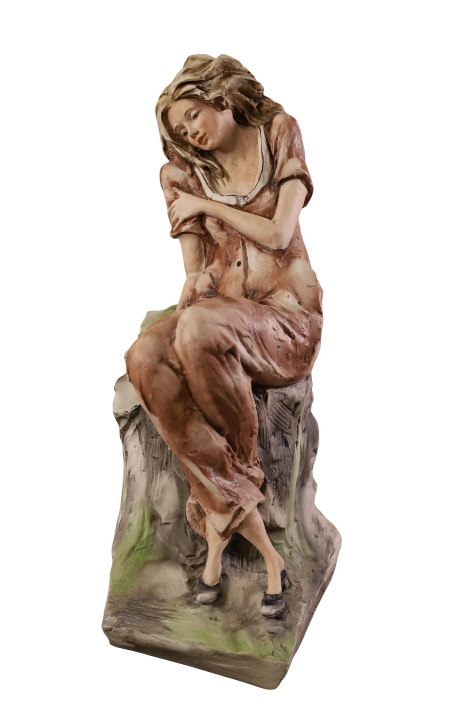 AMPHORA STYLE FIGURE: LARGE AMPHORA STYLE SEATED LADY FIGURE, SIGNED ON REVERSE, ILLEGIBLE. 16" H.