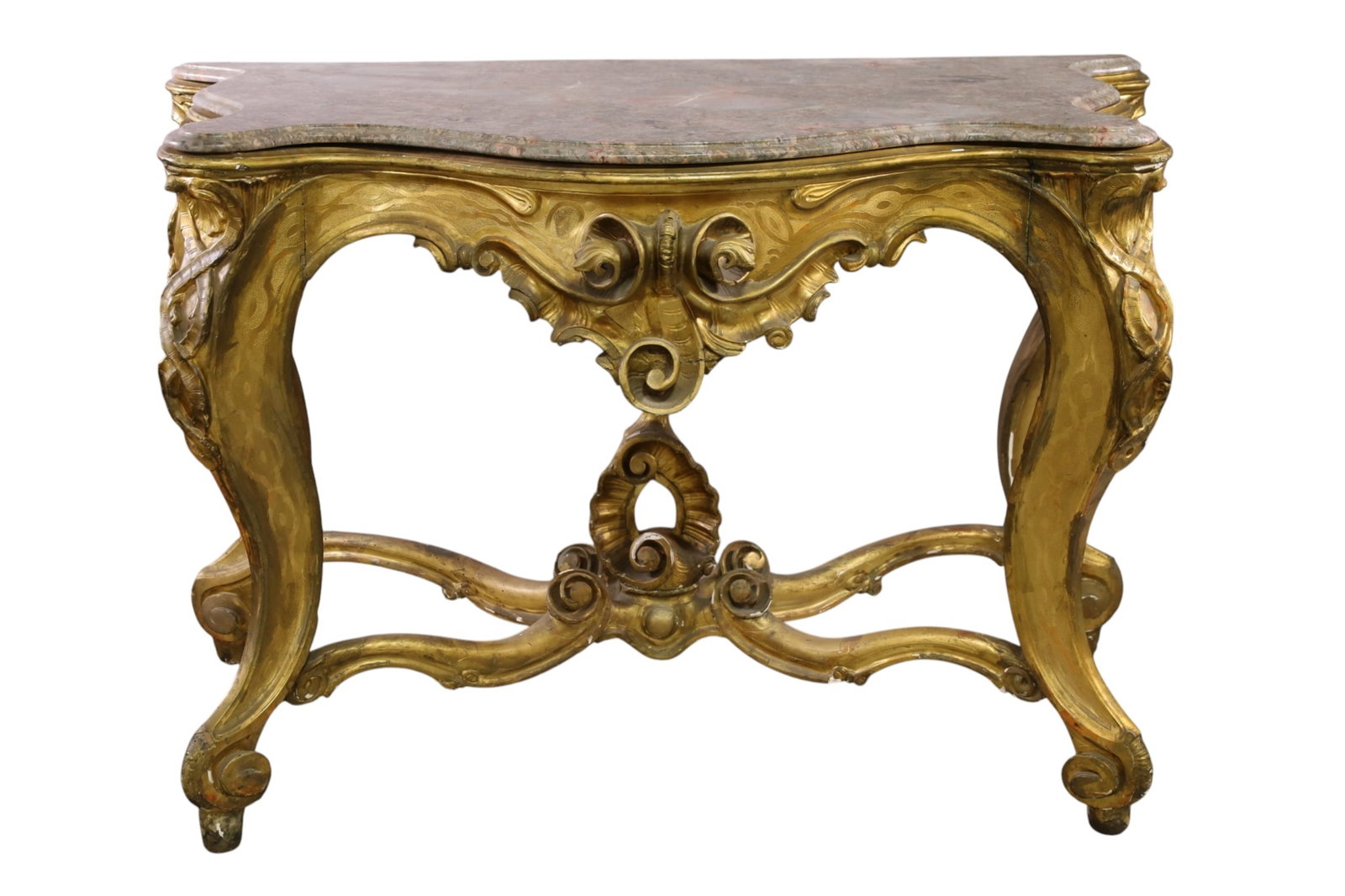LARGE MARBLE TOP CONSOLE: LARGE MARBLE TOP CONSOLE TABLE, GOLD GILT BASE, ORNATE BASE, SOME LOSS TO GILT. CHIPS. REPAINT. 65" W x 28" D x 36" H. THIS ITEM EXCEEDS SIZE, WEIGHT, AND OR FRAGILITY LIMITATIONS FOR IN HOUSE