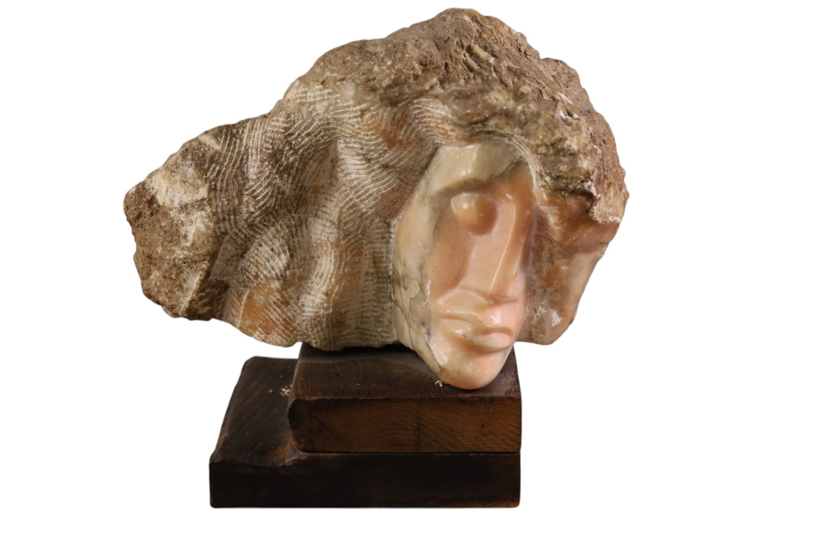 STONE SCULPTURE: STONE CARVED SCULPTURE, ON BASE. 12" W x 11" H.