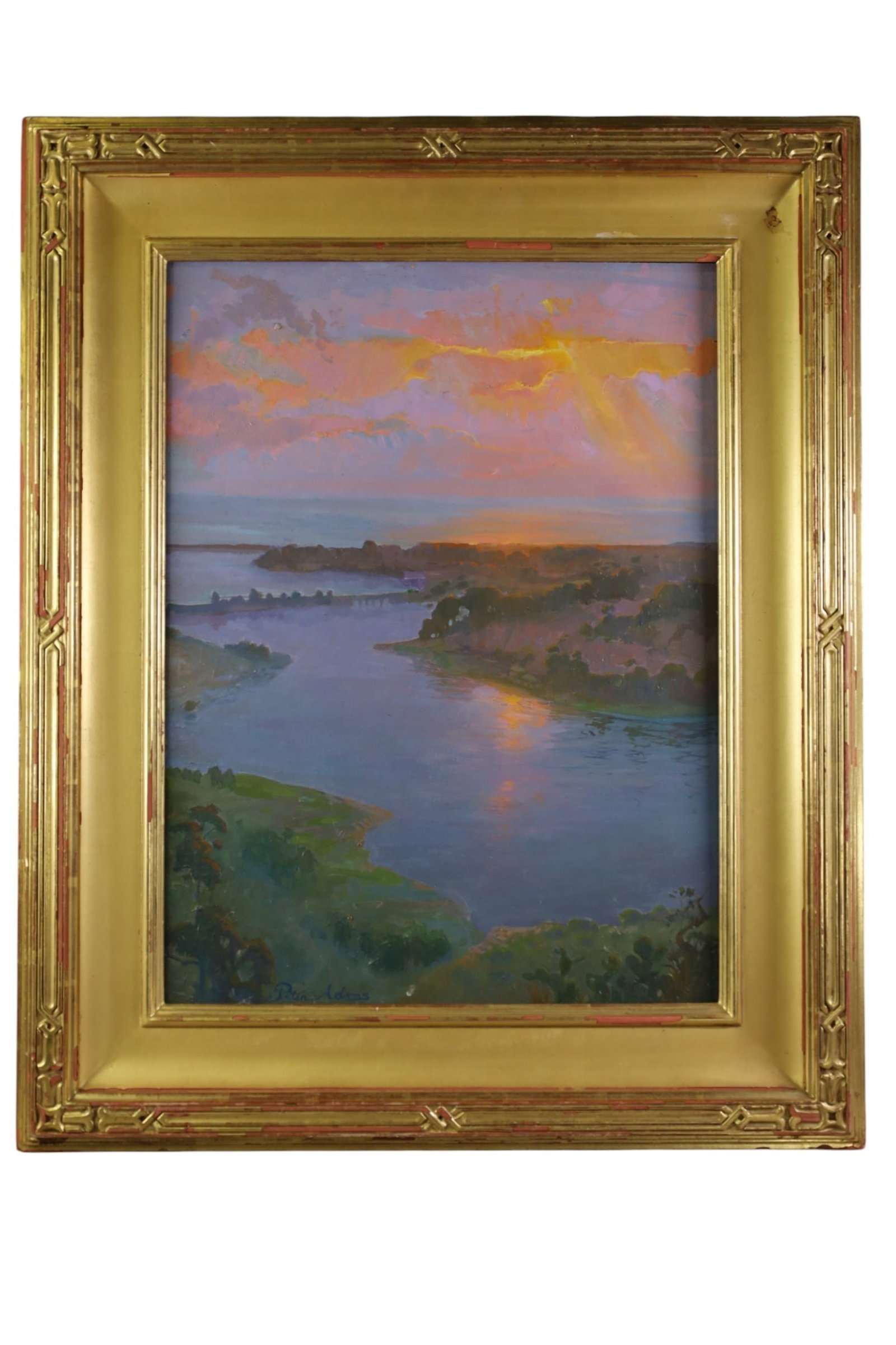PETER ADAMS OIL PAINTING: OIL ON BOARD, TITLED EASTERN LIGHT AFTER THE STORM. SIGNED LOWER RIGHT, JOAN IRVINE MITH FINE ARTS LABEL ON VERSO. SOME LOSS TO FRAME. 18" x 24" IMAGE SIZE / 27" x 33" IN FRAME