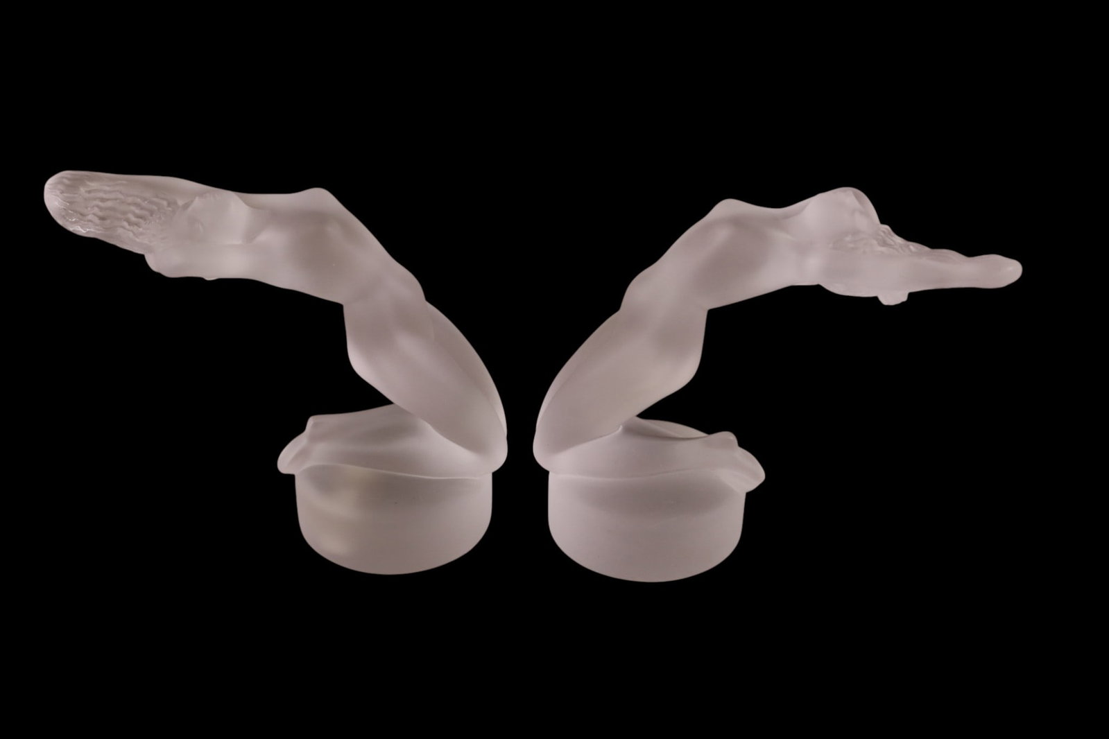 PAIR OF LALIQUE CHRISIS MASCOTS: FROSTED CRYSTAL LALIQUE MASCOTS, CHRISIS. 5" H.
