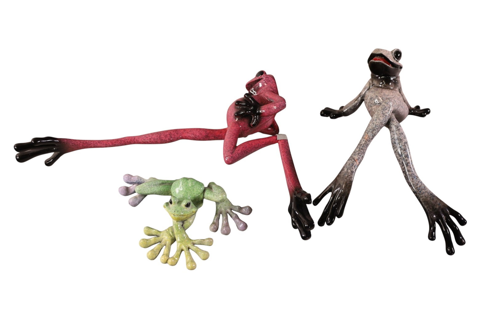 3 ART GLASS FROGS: 3 ART GLASS FROG FIGURES, MARKED KITTY'S CRITTERS. 7 1/2" - 16" L.