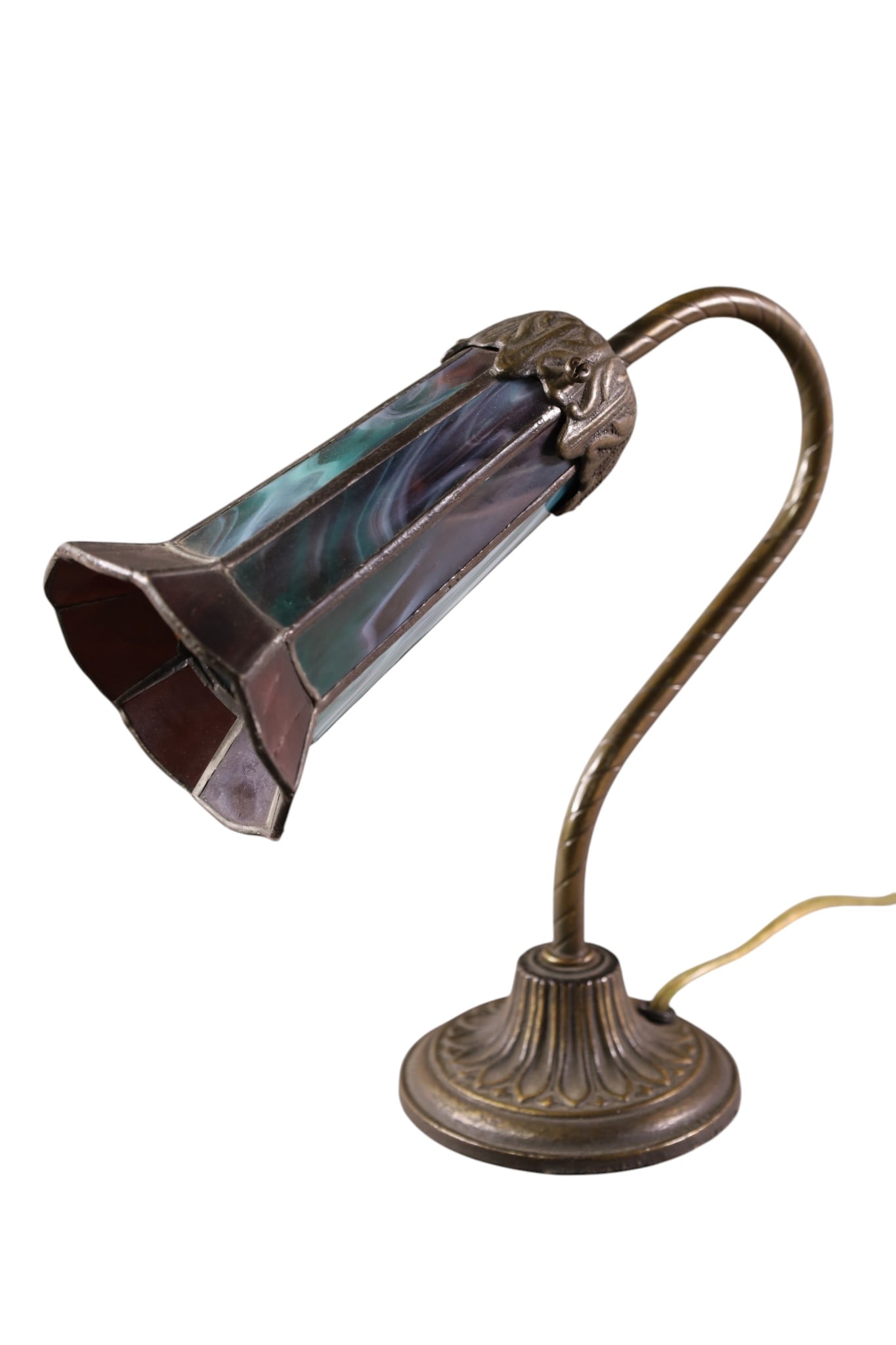 SMALL LEADED GLASS LAMP: SMALL LEADED GLASS TABLE OR DESK LAMP, METAL BASE, 9" H.