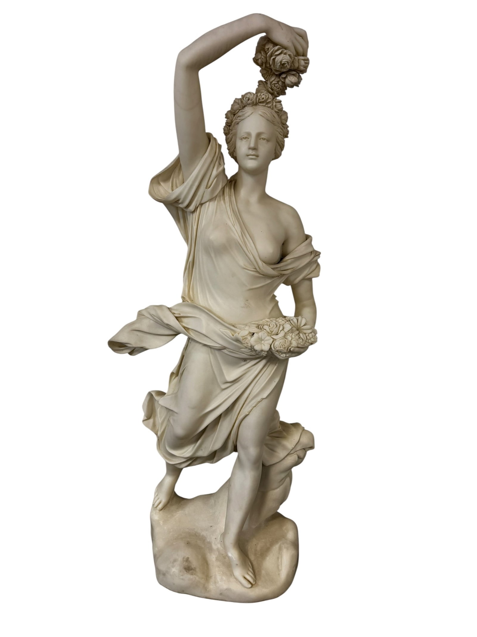FLORA LADY MARBLE SCULPTURE: LARGE LIFESIZE WHITE MARBLE FLORA LADY SCULPTURE. PARTIAL NUDE LIFESIZE MARBLE STATUE, SOME CHIPS TO MARBLE. 79" H. THIS ITEM EXCEEDS SIZE AND WEIGHT LIMITATIONS FOR SHIPPING, 500+ POUNDS, MUST BE