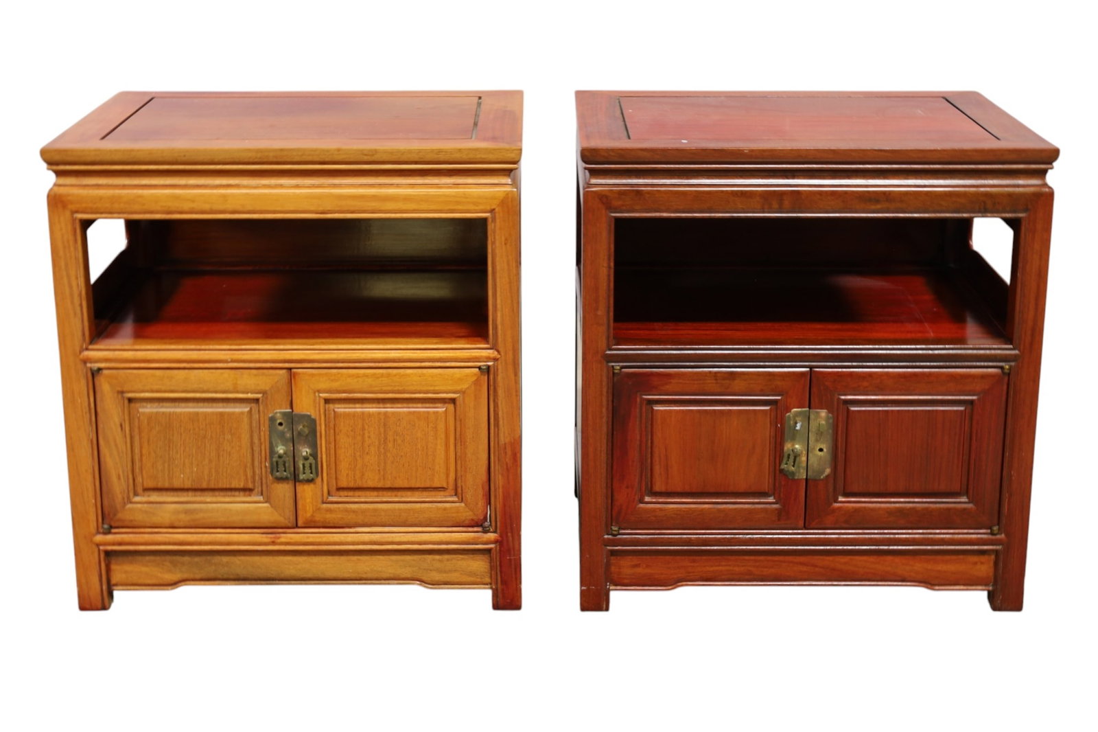 PAIR OF CHINESE NIGHTSTANDS OR END TABLES: PAIR OF CHINESE HARDWOOD NIGHTSTANDS, TWO DOOR LOWER, ONE IS FADED. 22" W x 18" D x 23" H. THIS ITEM EXCEEDS SIZE, WEIGHT, AND OR FRAGILITY LIMITATIONS FOR IN HOUSE SHIPPING, MUST BE PICKED UP IN
