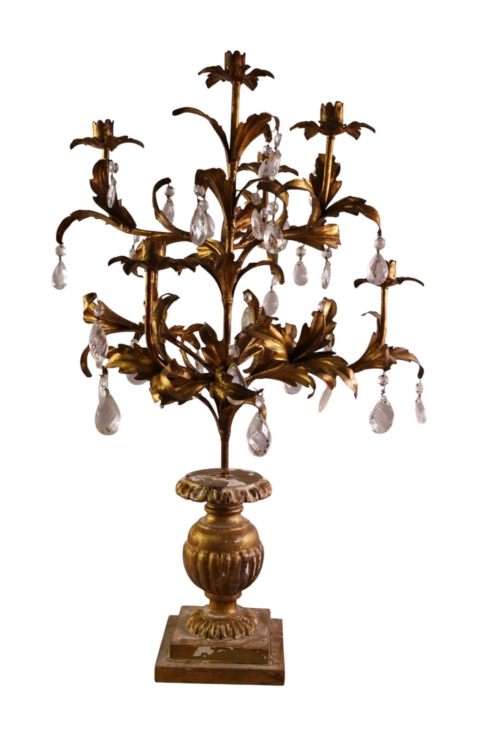 FLORAL REGENCY CANDELABRA: LARGE GILT FLORAL CANDELABRA, CRYSTAL PRISMS. PAINT LOSS TO BASE. 20" W x 32" H. THIS ITEM EXCEEDS SIZE, WEIGHT, AND OR FRAGILITY LIMITATIONS FOR IN HOUSE SHIPPING, MUST BE PICKED UP IN HOUSE OR