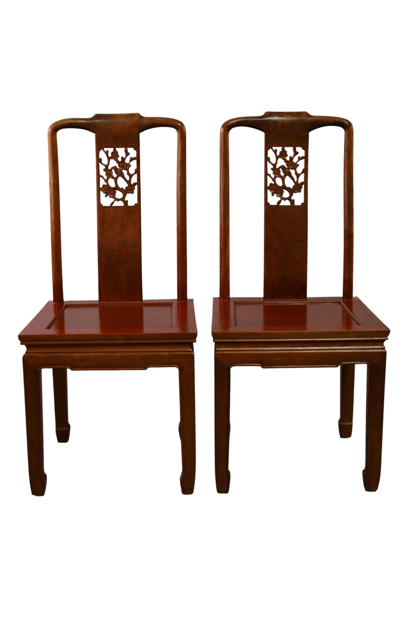 PAIR OF CHINESE SIDE CHAIRS: PAIR OF CHINESE HARDWOOD SIDE CHAIRS, 20" W x 18" D x 34" H. THIS ITEM EXCEEDS SIZE, WEIGHT, AND OR FRAGILITY LIMITATIONS FOR IN HOUSE SHIPPING, MUST BE PICKED UP IN HOUSE OR SHIPPED VIA 3rd PARTY