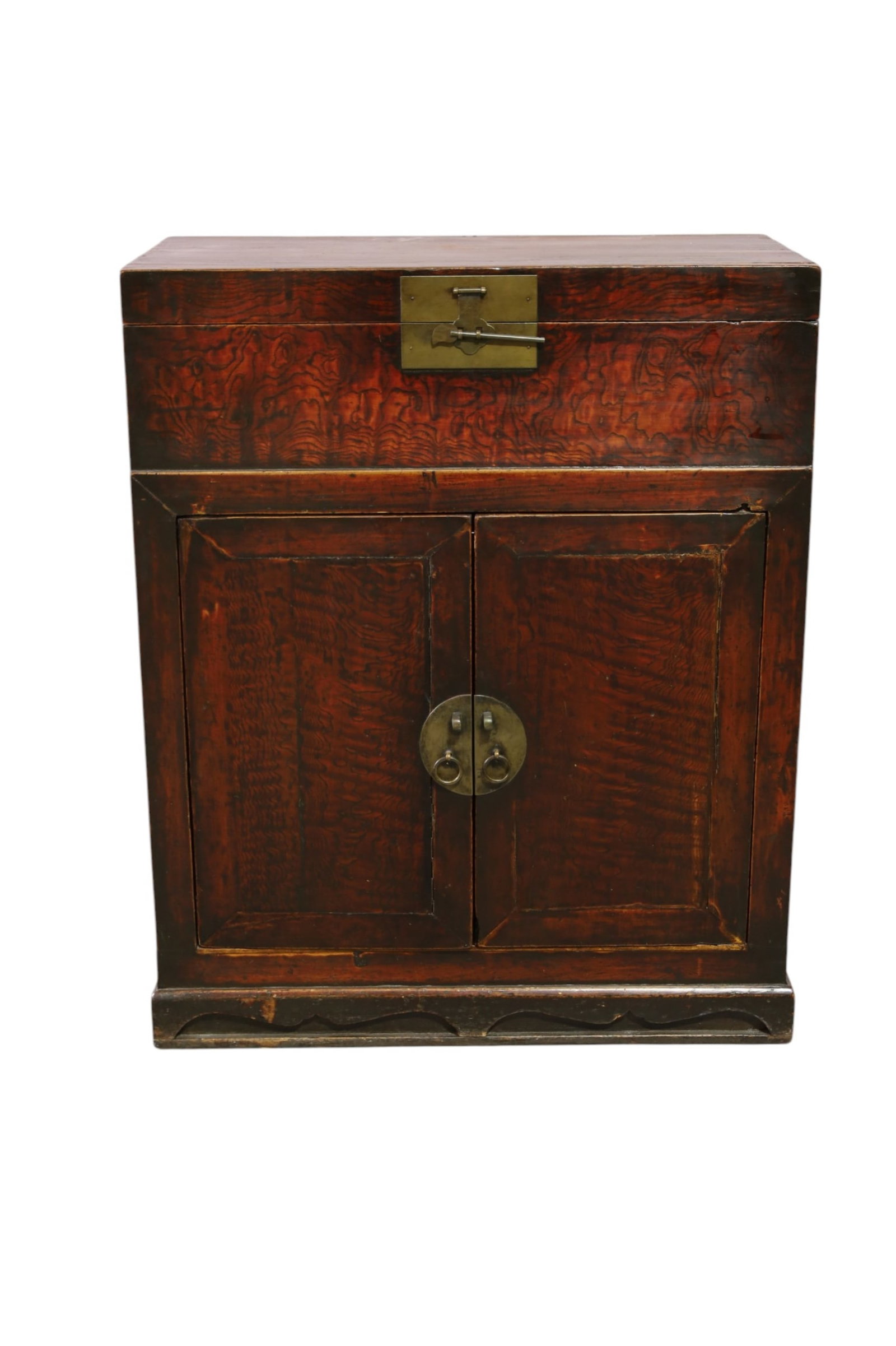 CHINESE WEDDING CABINET: RED LACQUER HINGED LID TOP, LOWER DRAWERS. 30" W x 15" D x 37" H. THIS ITEM EXCEEDS SIZE, WEIGHT, AND OR FRAGILITY LIMITATIONS FOR IN HOUSE SHIPPING, MUST BE PICKED UP IN HOUSE OR SHIPPED VIA 3rd