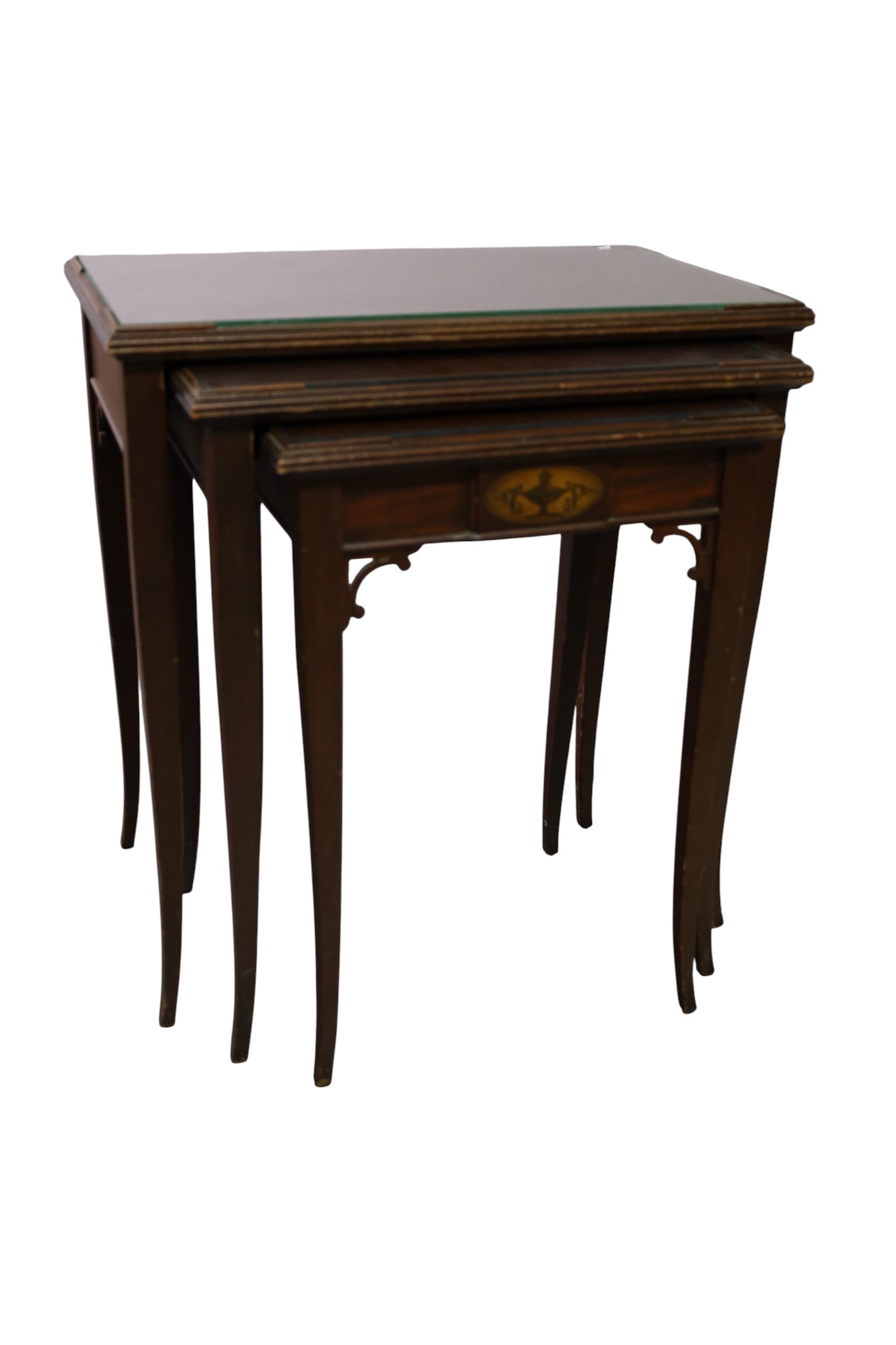 SET OF ANTIQUE NESTING TABLES: SET OF 3 MAHOGANY NESTING TABLES. GLASS TOP. MINOR WEAR TO FINISH. 24" W X 15" D x 26" H. THIS ITEM EXCEEDS SIZE, WEIGHT, AND OR FRAGILITY LIMITATIONS FOR IN HOUSE SHIPPING, MUST BE PICKED UP IN
