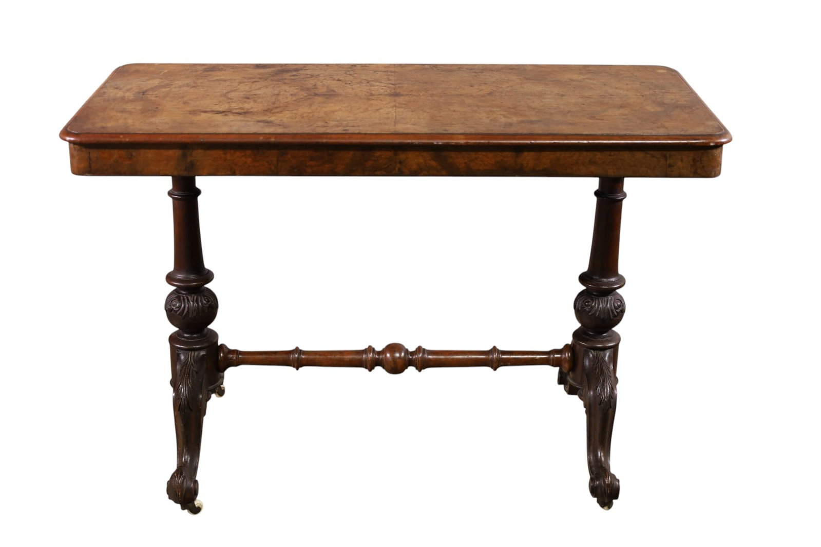 VICTORIAN HALL TABLE: VICTORIAN BURLED HALL TABLE, CARVED BASE, 41" W x 20 1/2" D x 27" H. THIS ITEM EXCEEDS SIZE, WEIGHT, AND OR FRAGILITY LIMITATIONS FOR IN HOUSE SHIPPING, MUST BE PICKED UP IN HOUSE OR SHIPPED VIA 3rd P