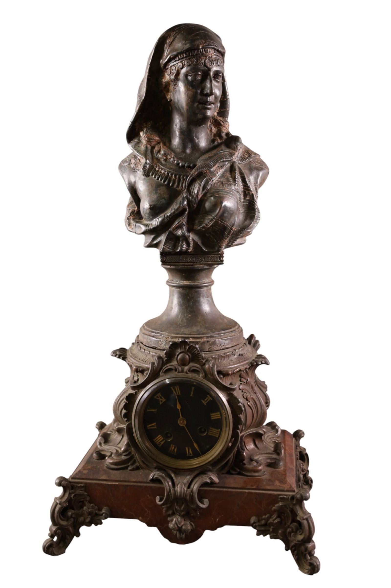 VICTORIAN FIGURAL MANTLE CLOCK: MARBLE AND SPELTER MANTLE CLOCK, BACK IS GLUED SHUT, NO KEY OR PEDULUM. REPAIR TO ONE LEG. ALL CLOCKS ARE SOLD AS IS WE DO NOT GUARANTEE WORKING ORDER. 22" H.