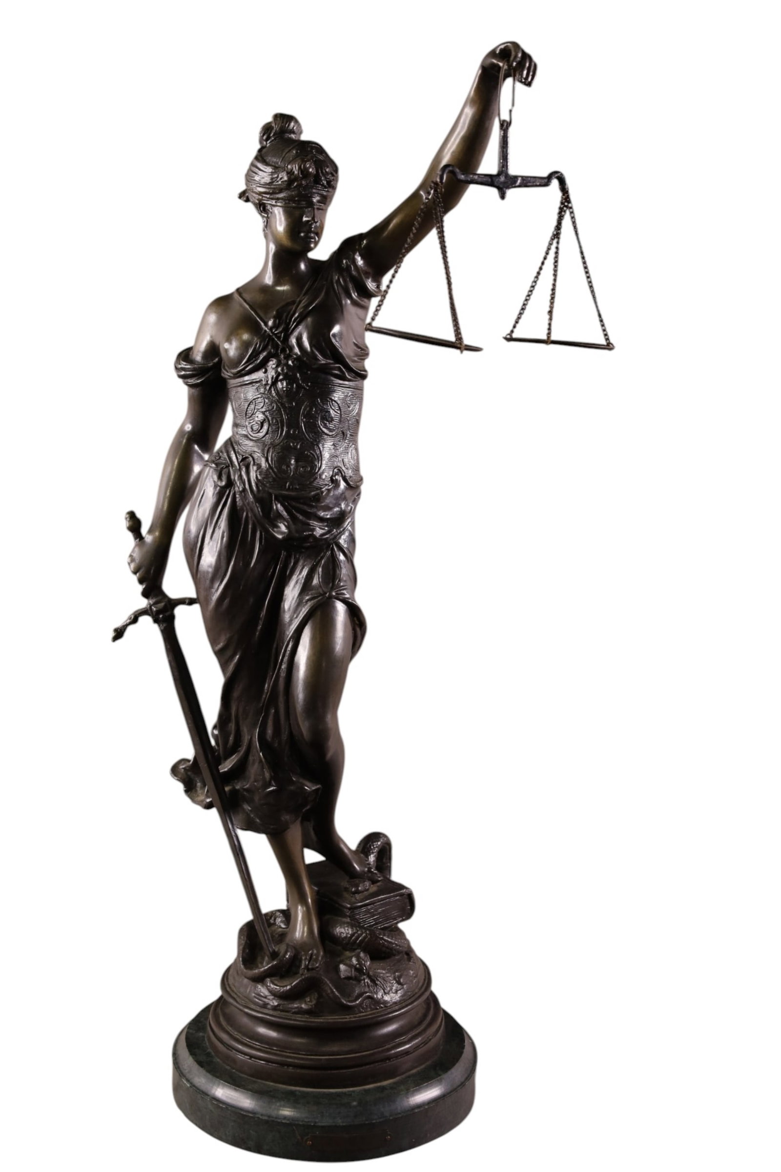 BLIND JUSTICE BRONZE STATUE: ON MARBLE BASE, BLIND JUSTICE BRONZE FIGURE. SIGNED A. MAYER. 24" H.